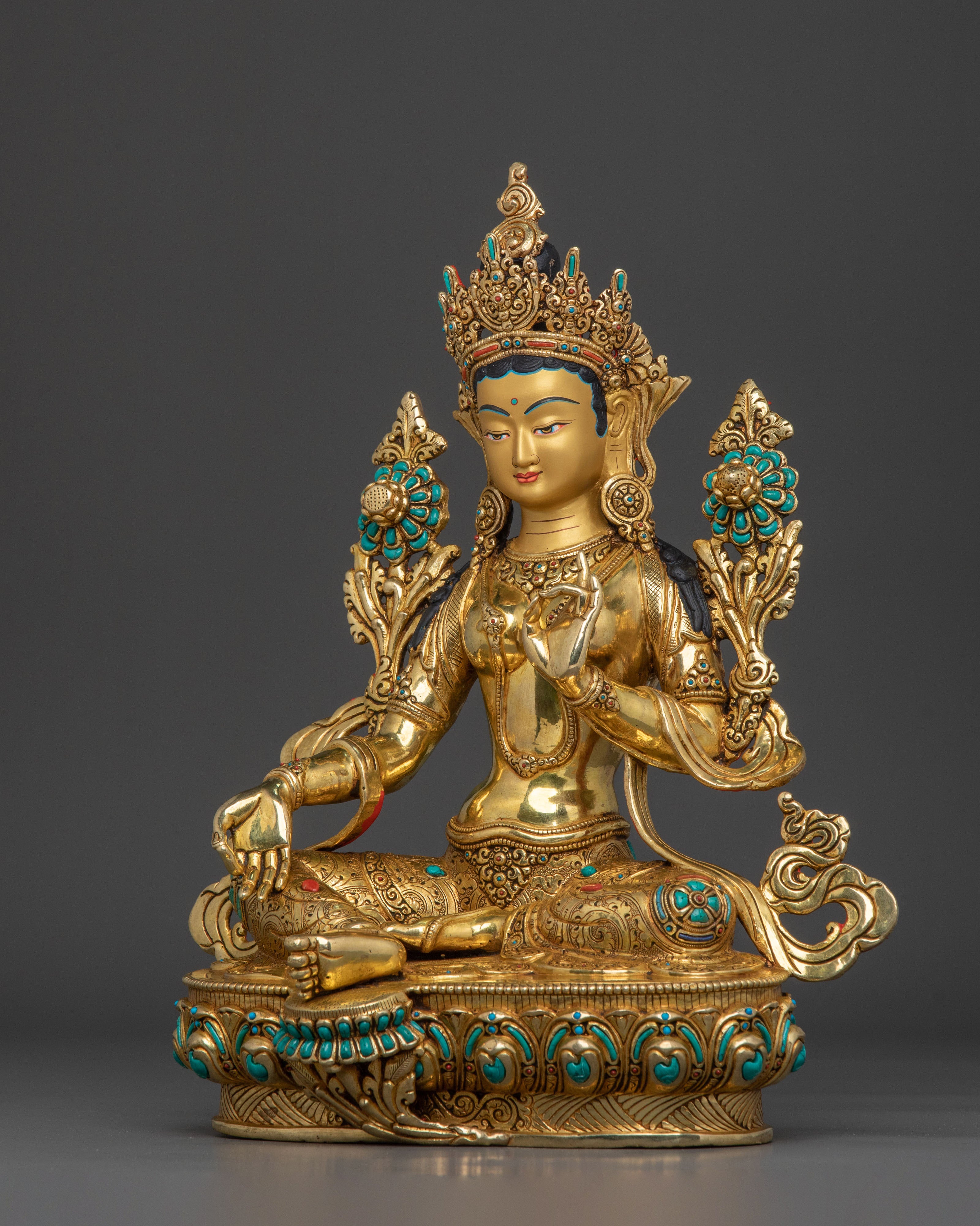 Green Tara Tibetan Buddhist Statue | 24k Gold Glided Buddhist Statue