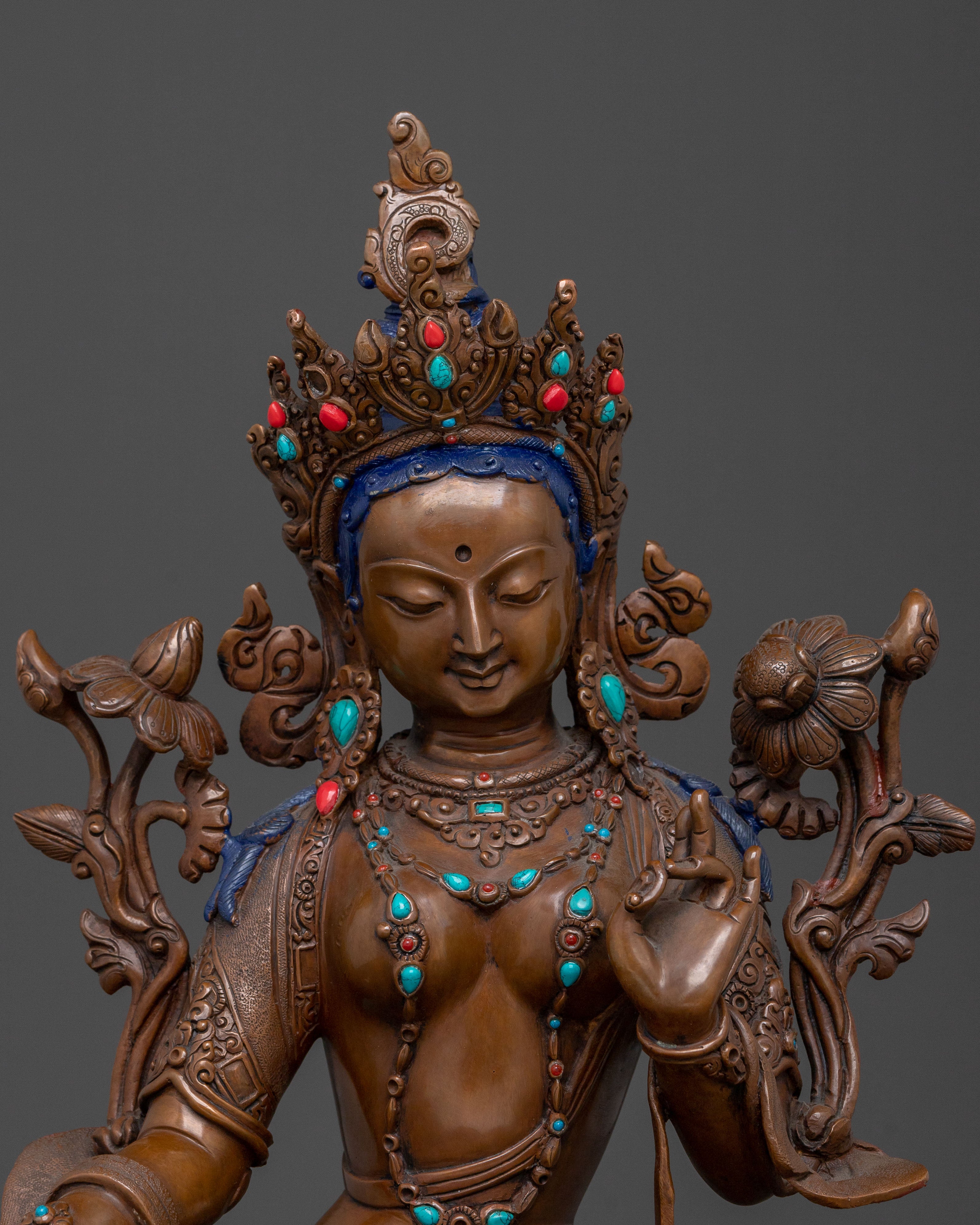 Green Tara Oxidized Copper Statue: Protector Goddess