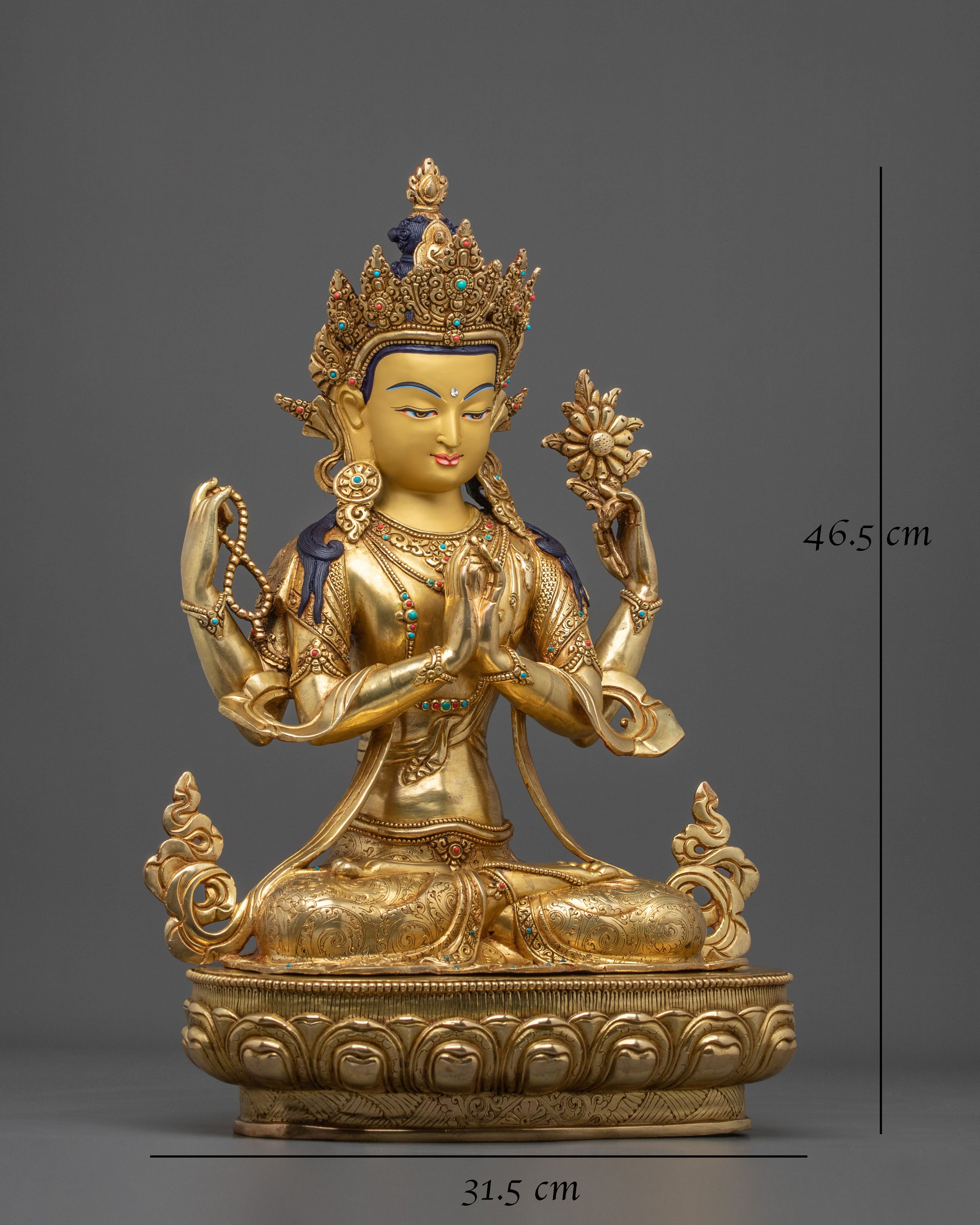 Four-Armed Chenrezig Sculpture | 31.5cm Golden Figurine