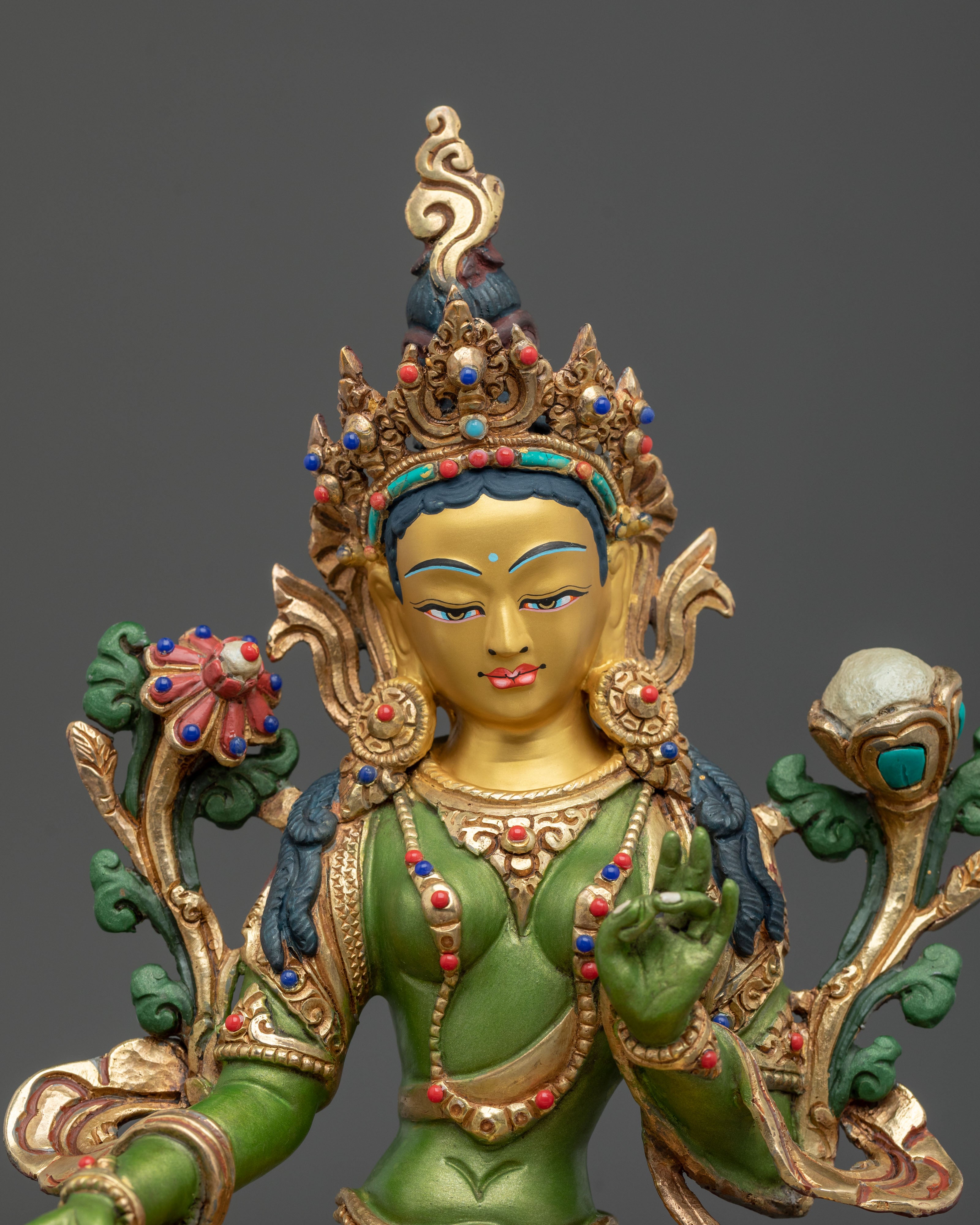 Green Tara 24K Gold Gilded Statue | Goddess of Compassion and Protection