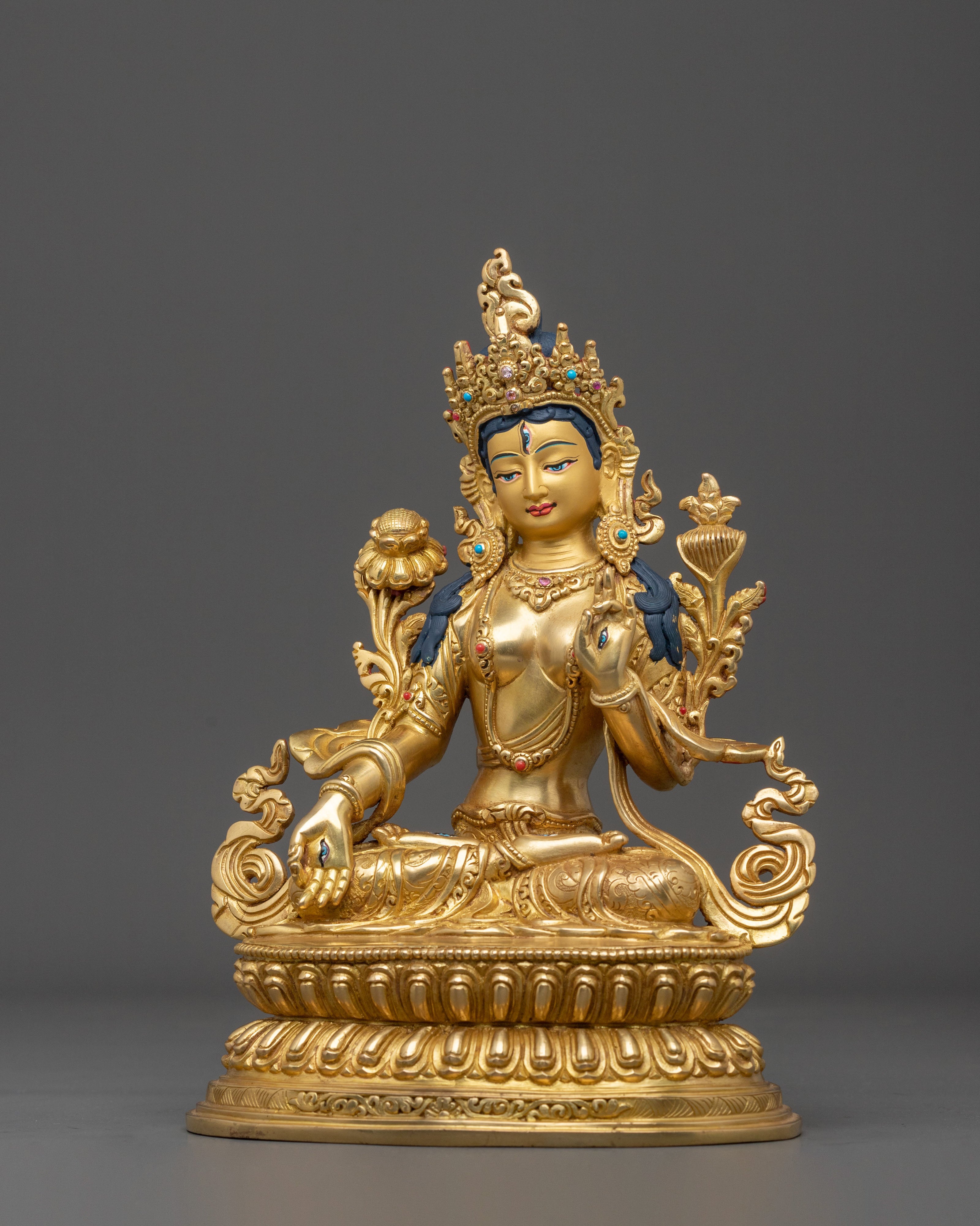 Tibetan Goddess | White Tara Sculpture Gilded in 24K Gold