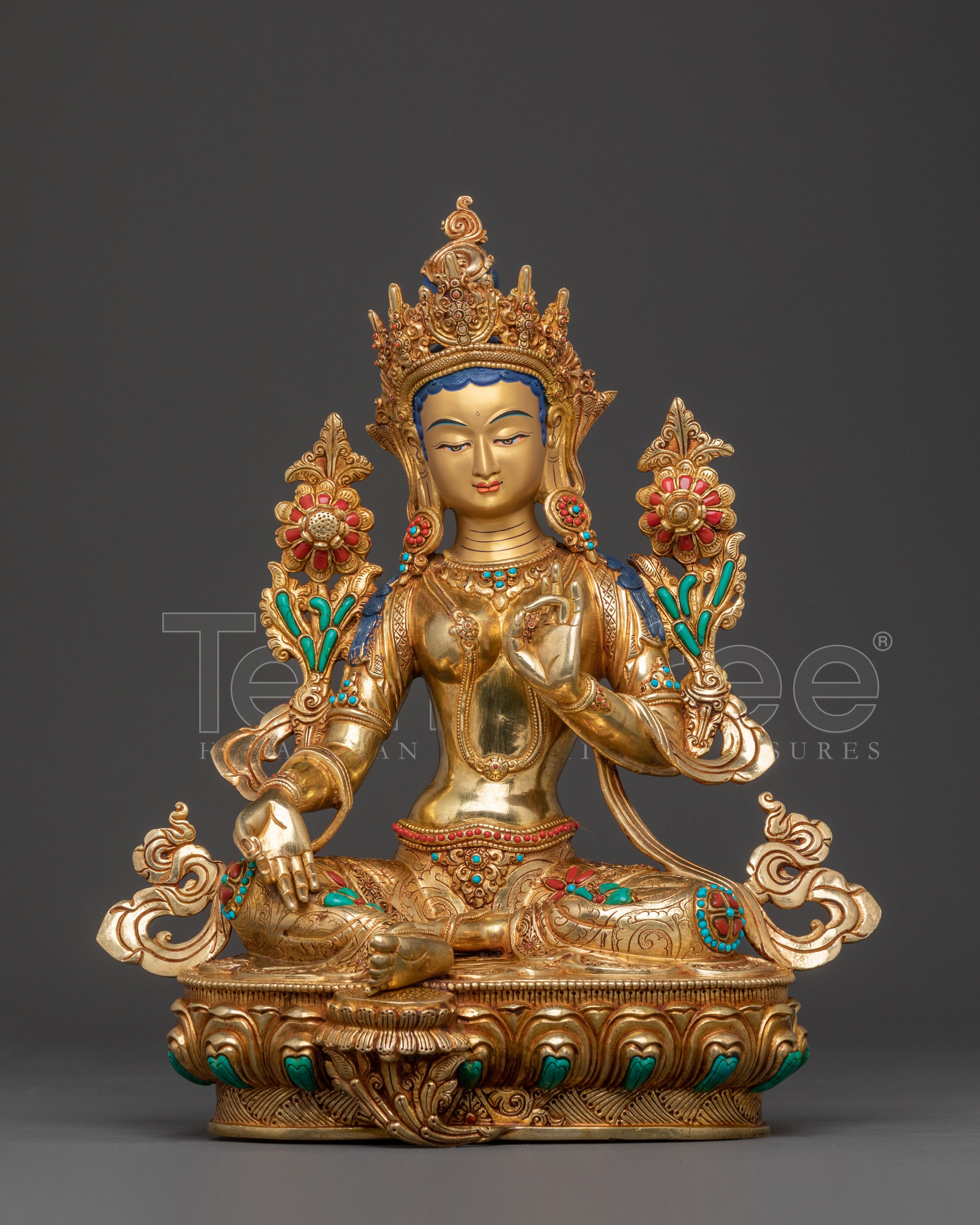 24k Gold Gilded Copper Green Tara Sculpture – Exquisite Himalayan Artistry