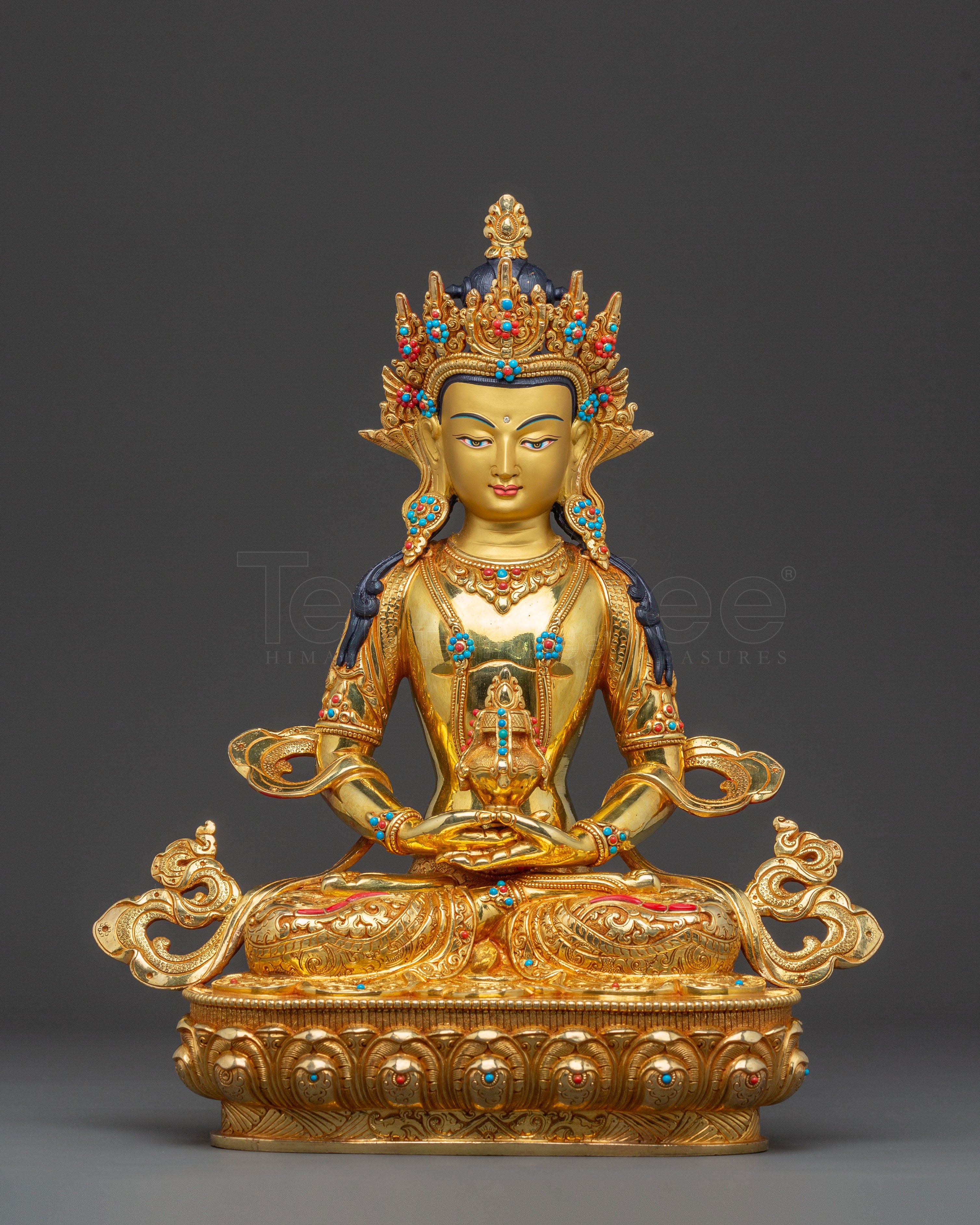 Handcrafted Amitayus Buddha Spiritual Statue - Masterpiece Gilded Copper