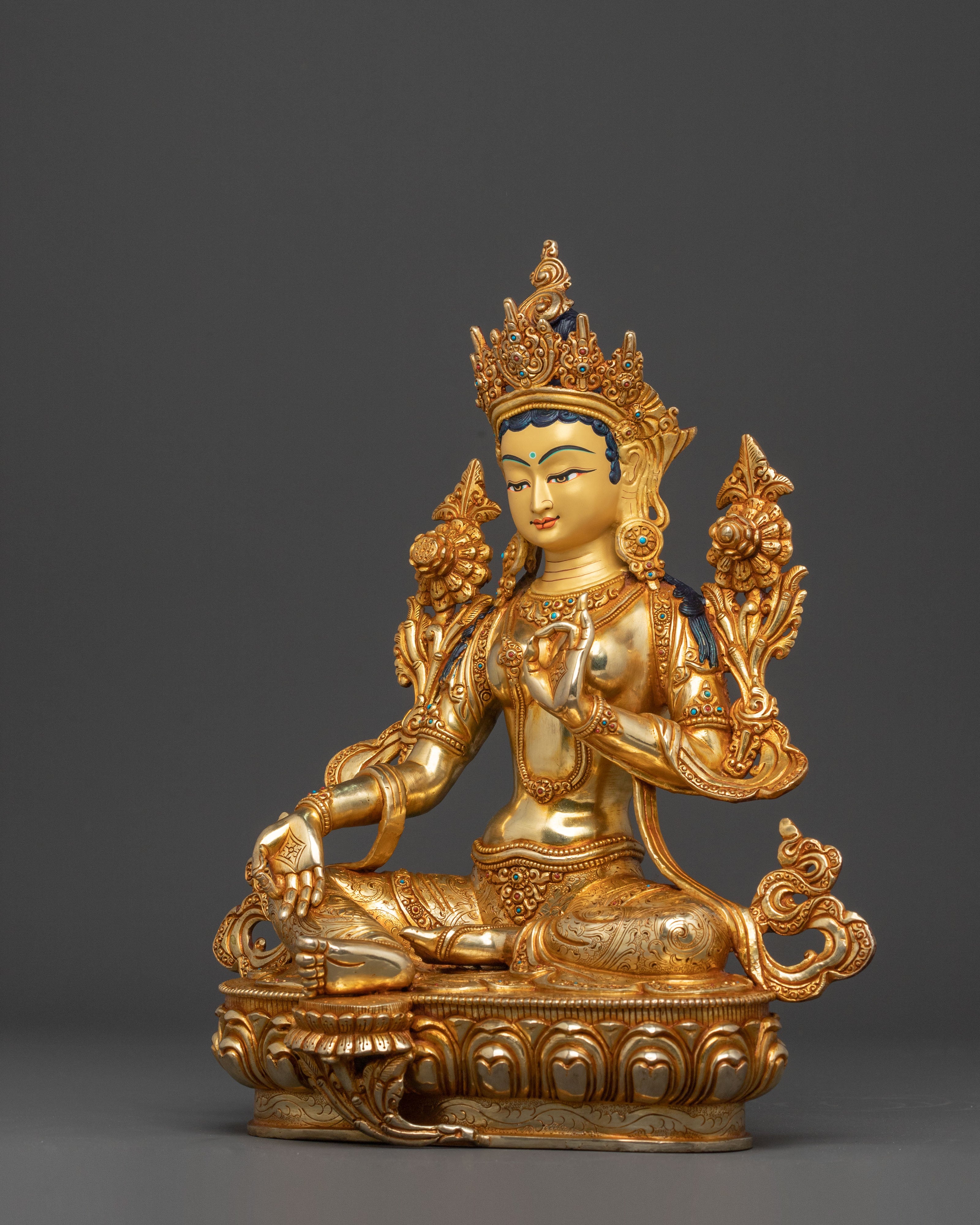 Green Tara Statue: 24K Gold Gilded Buddhist Protector
