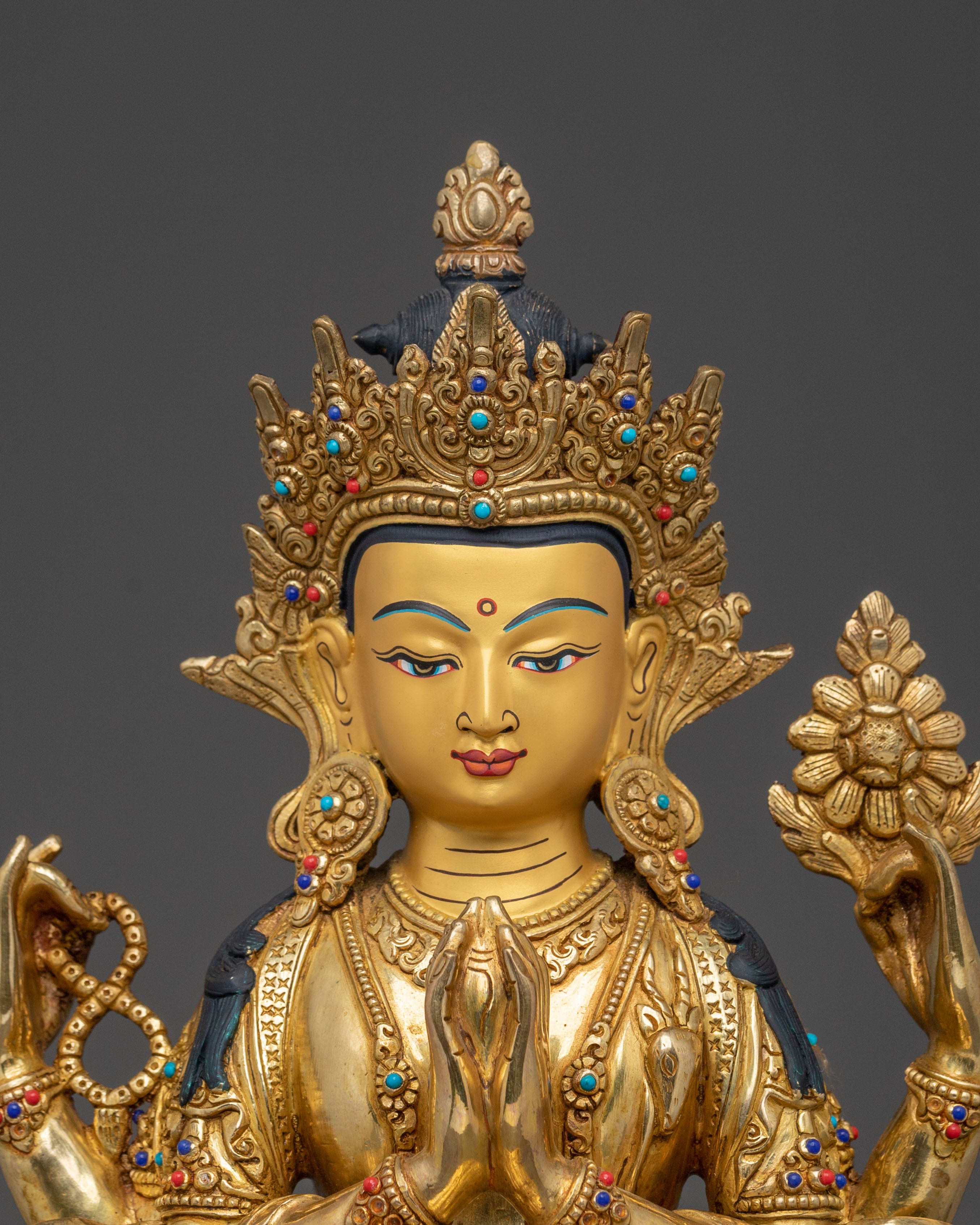 Four-Armed Chenrezig Statue: 24K Gold Gilded Serenity