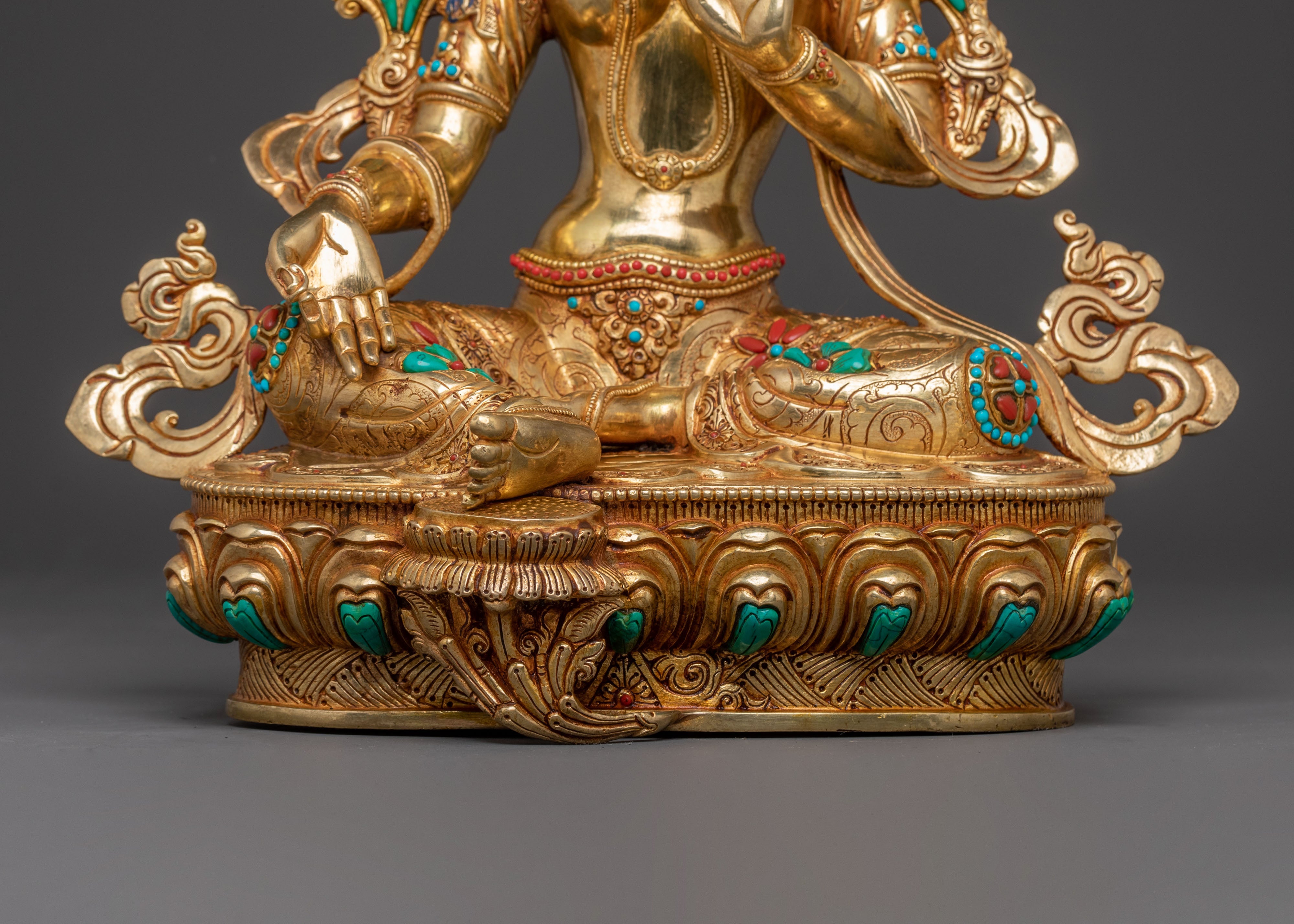24k Gold Gilded Copper Green Tara Sculpture – Exquisite Himalayan Artistry