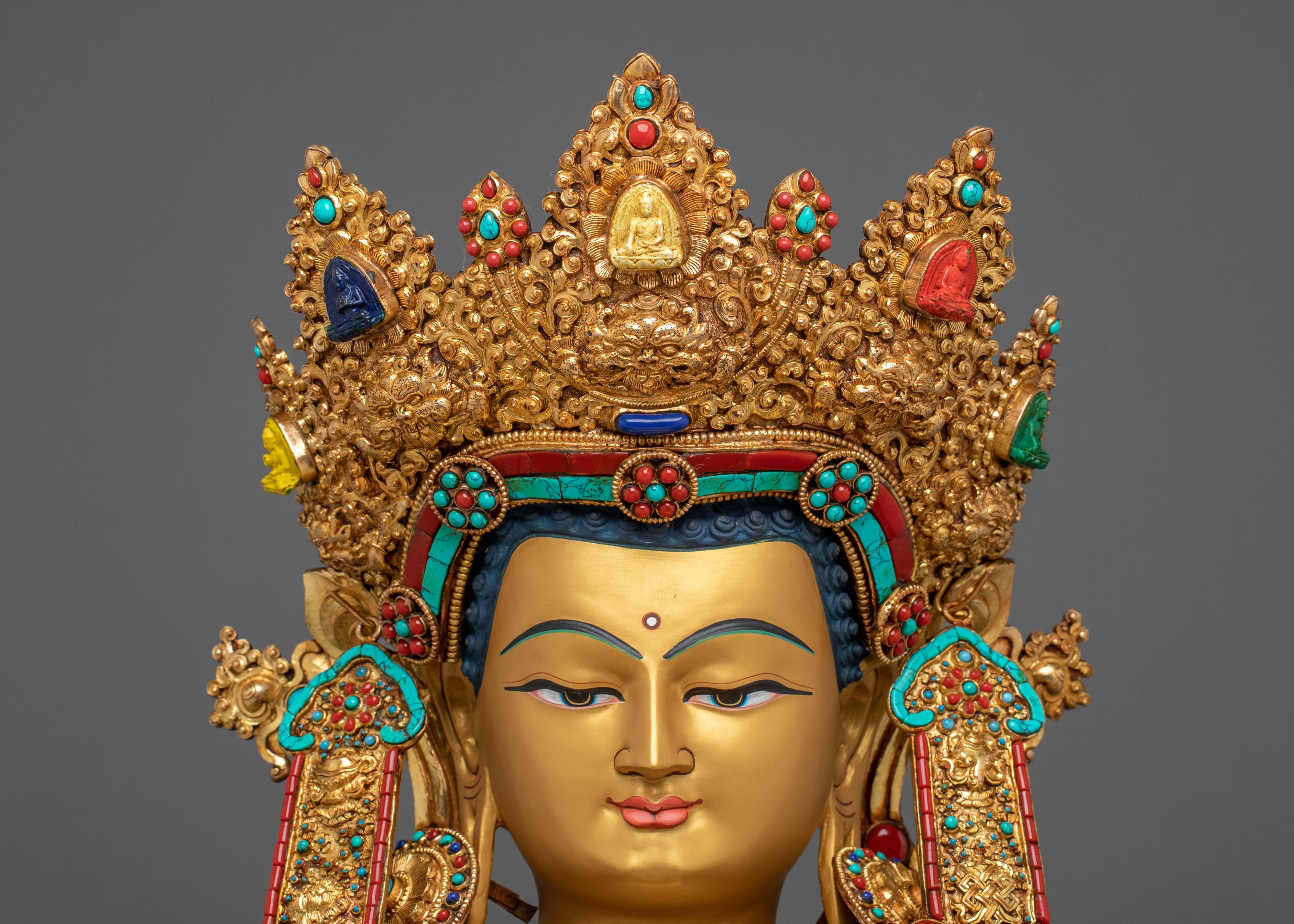 Crown Shakyamuni Buddha Sculpture | 24K Gold Gilded Artistry