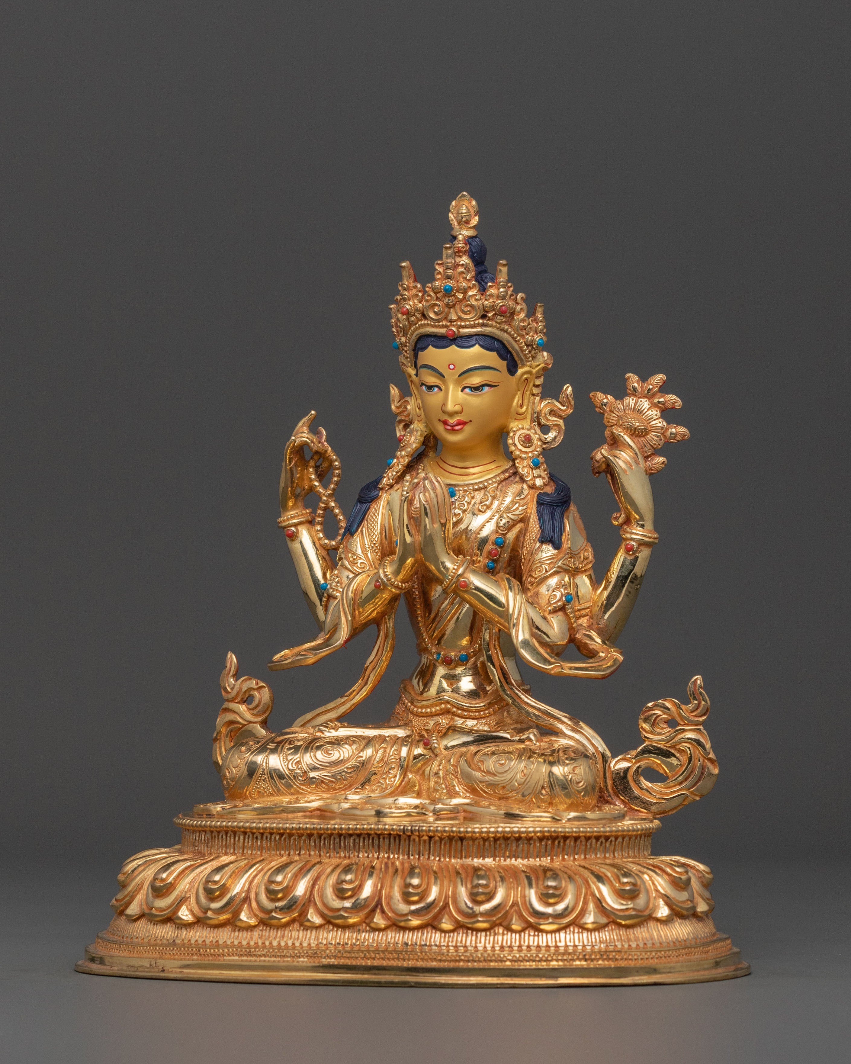 Four Armed Chenrezig Sacred Statue in Shimmering 24K Gold