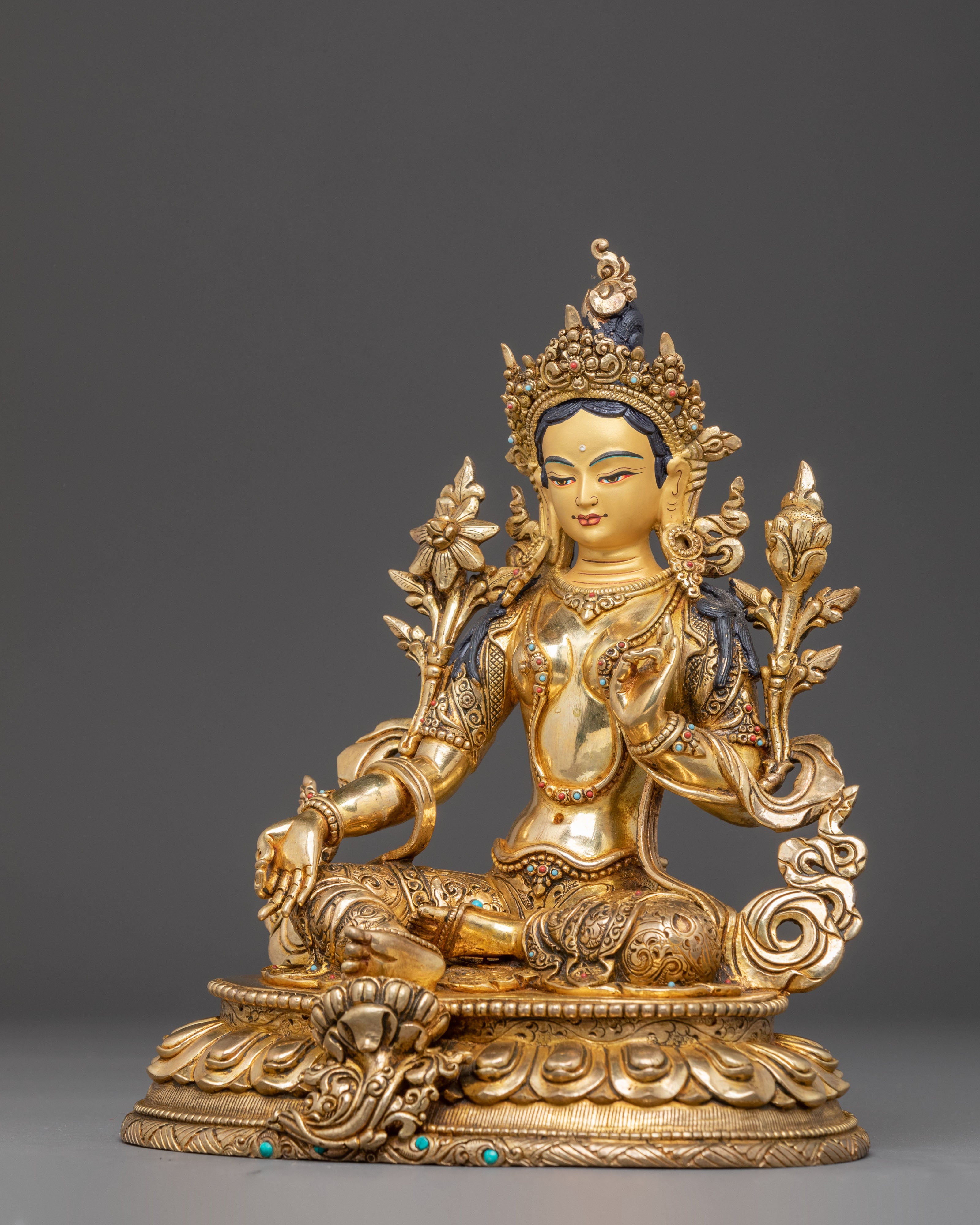Green Tara Golden Statue for Altars | Feminine Energy and Protection