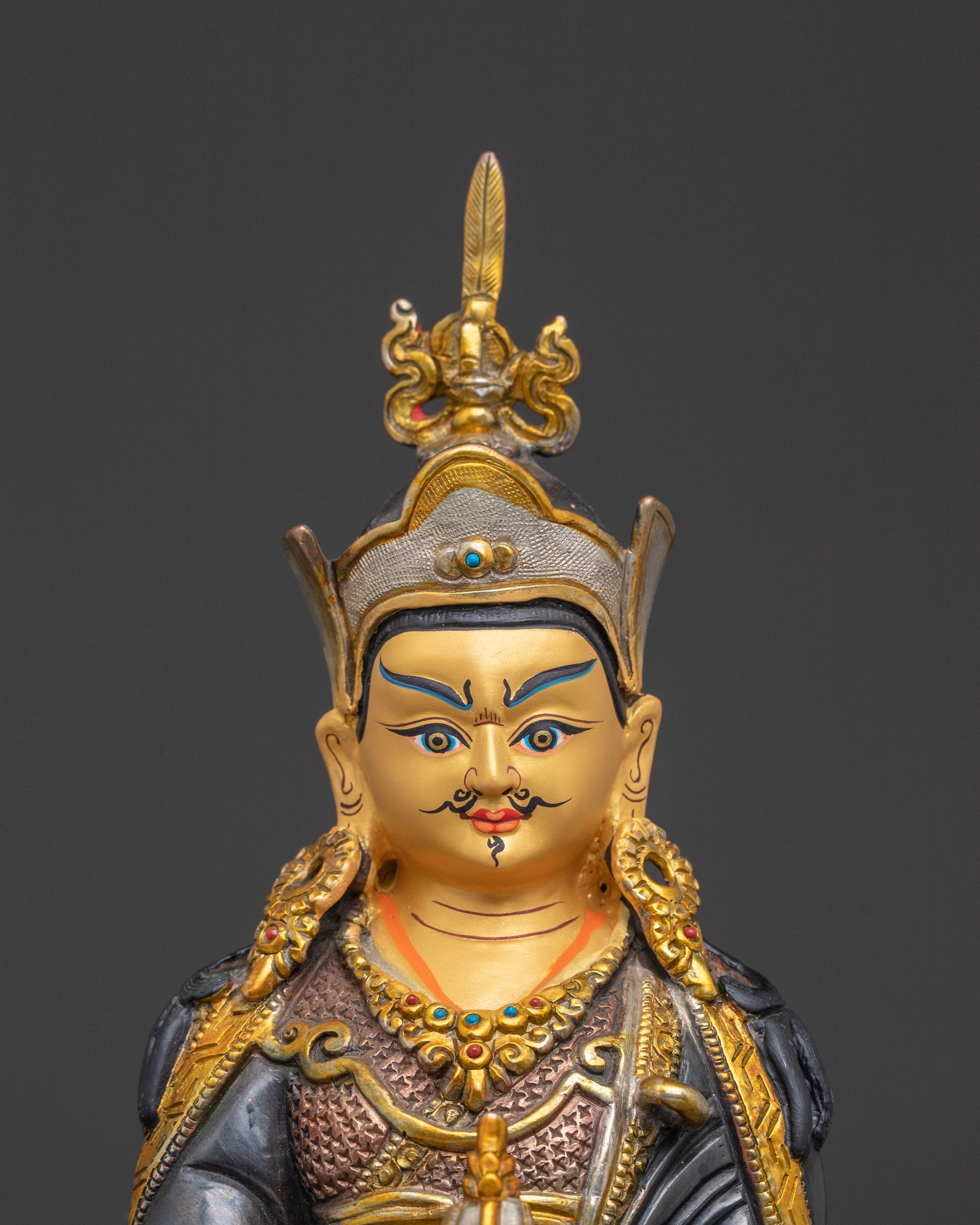 Guru Rinpoche Meditation Statue - Gilded Oxidized Copper