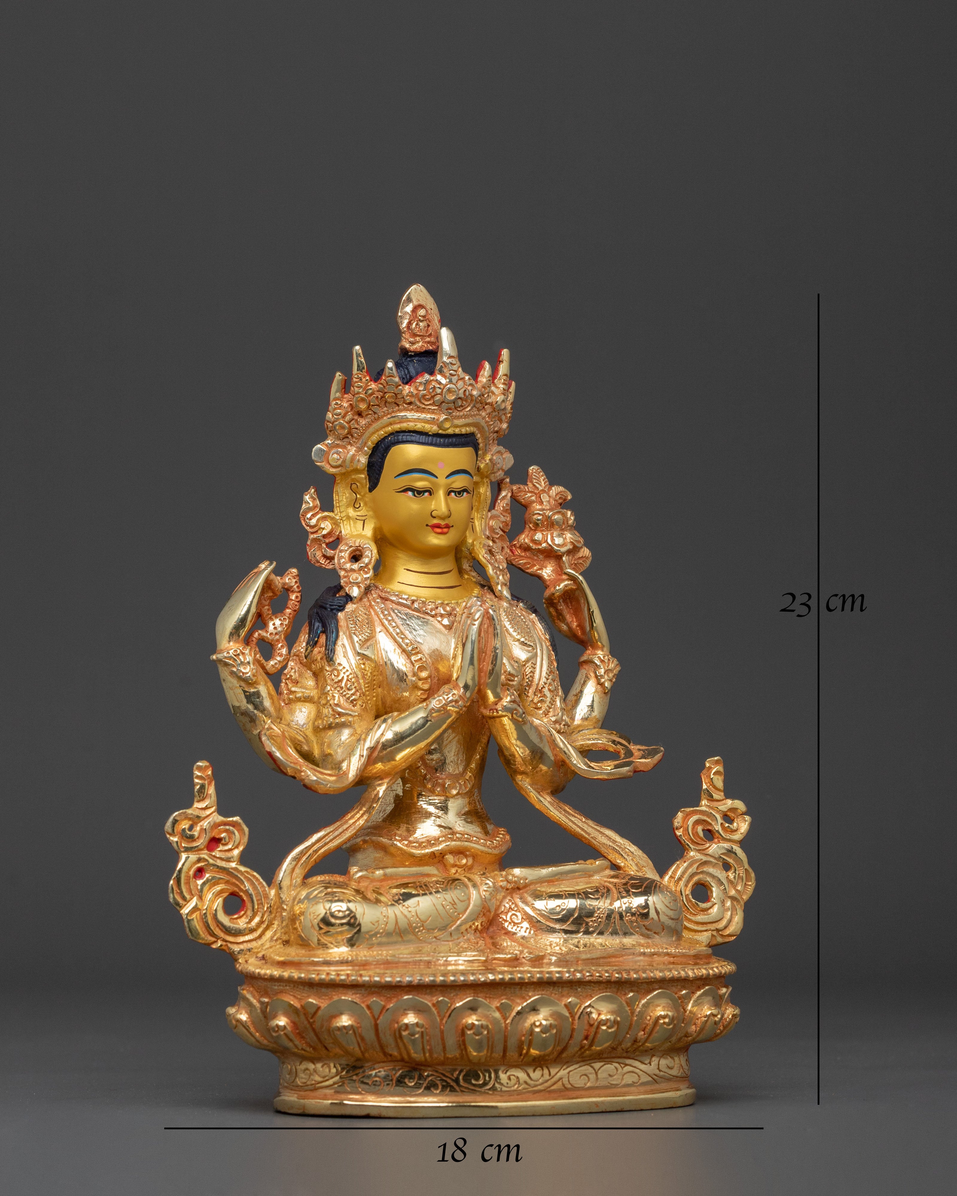 Hand Carved Chenrezig Copper Statue with 24K Gold Gilding