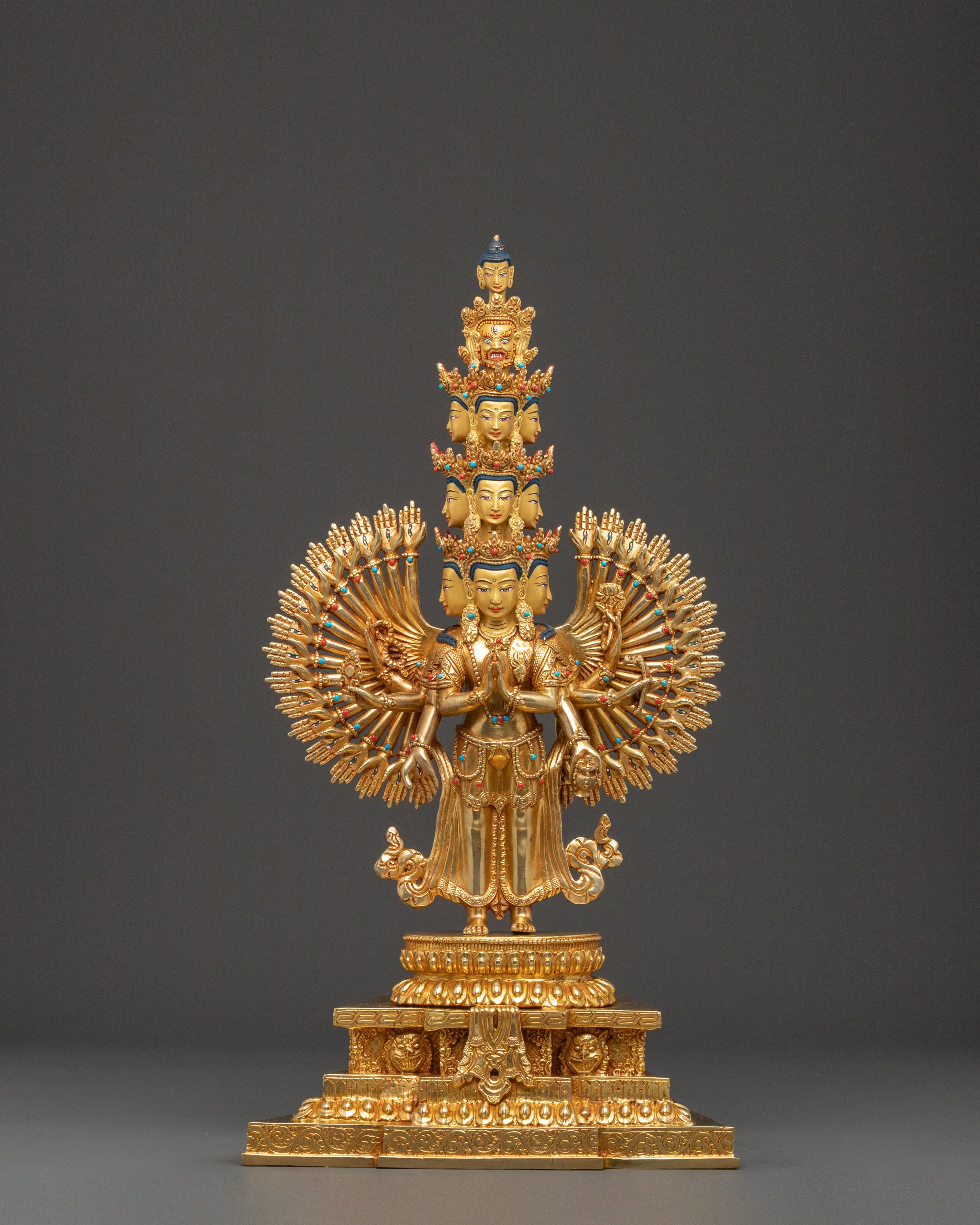1000 Armed Chenrezig Statue | 24k Gold Glided with Gemstone Inlay