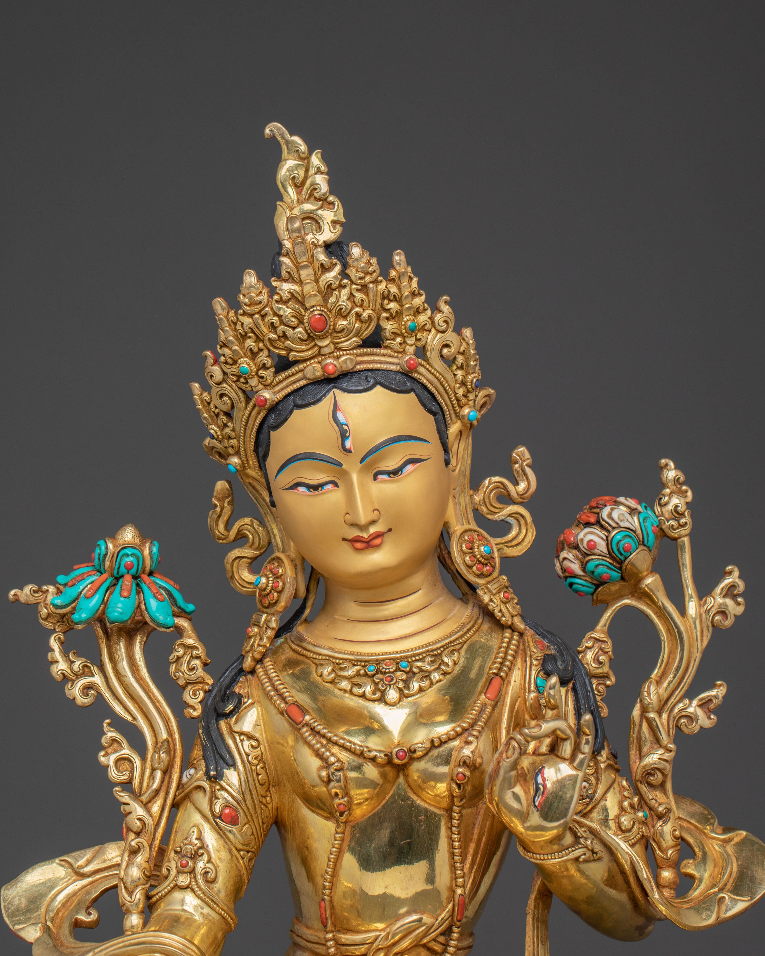 Longevity Blessing White Tara Sculpture: Hand-Gilded Copper Artistry