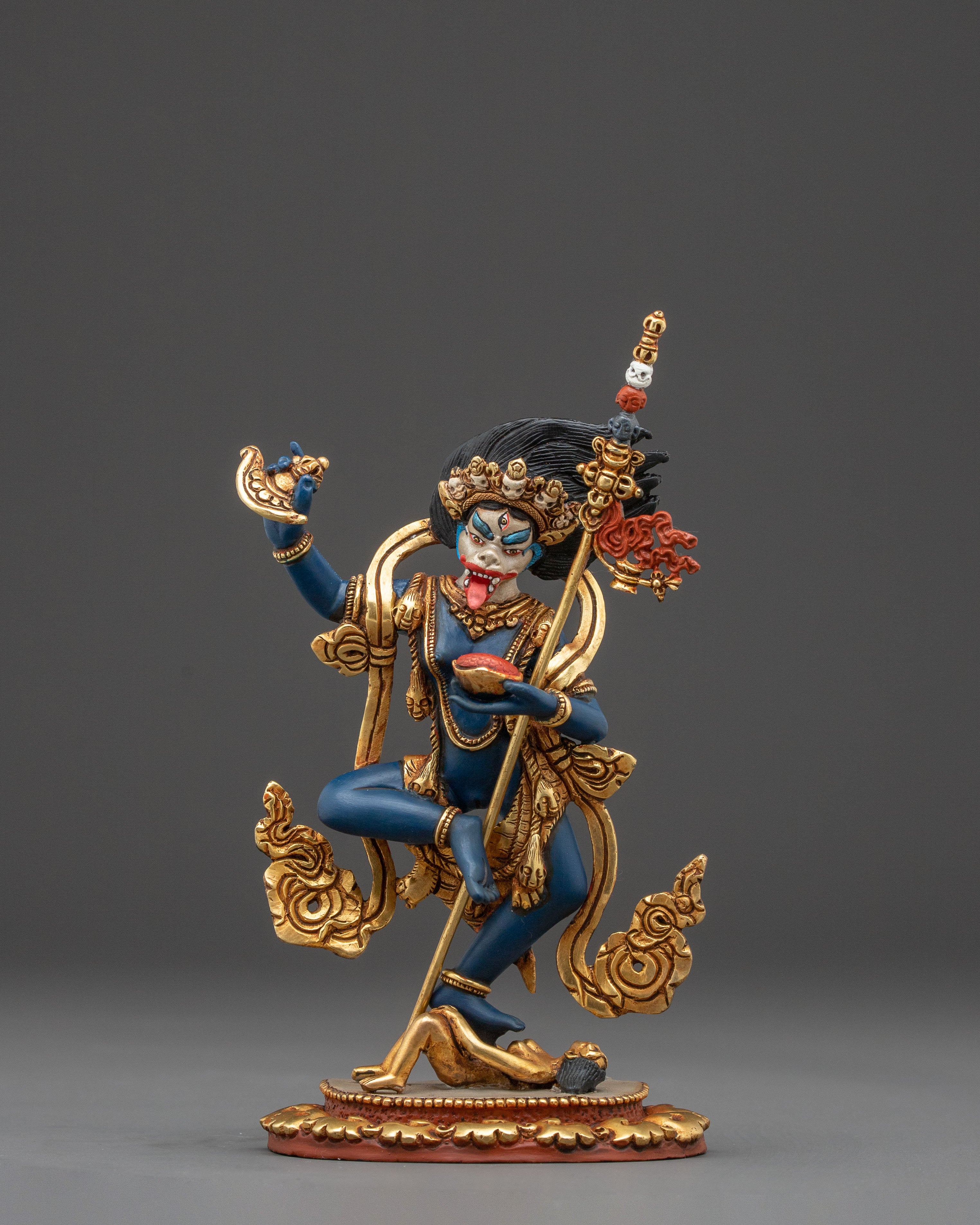 Shima mukha Lion Faced Dakini Statue: Gilded Copper Art