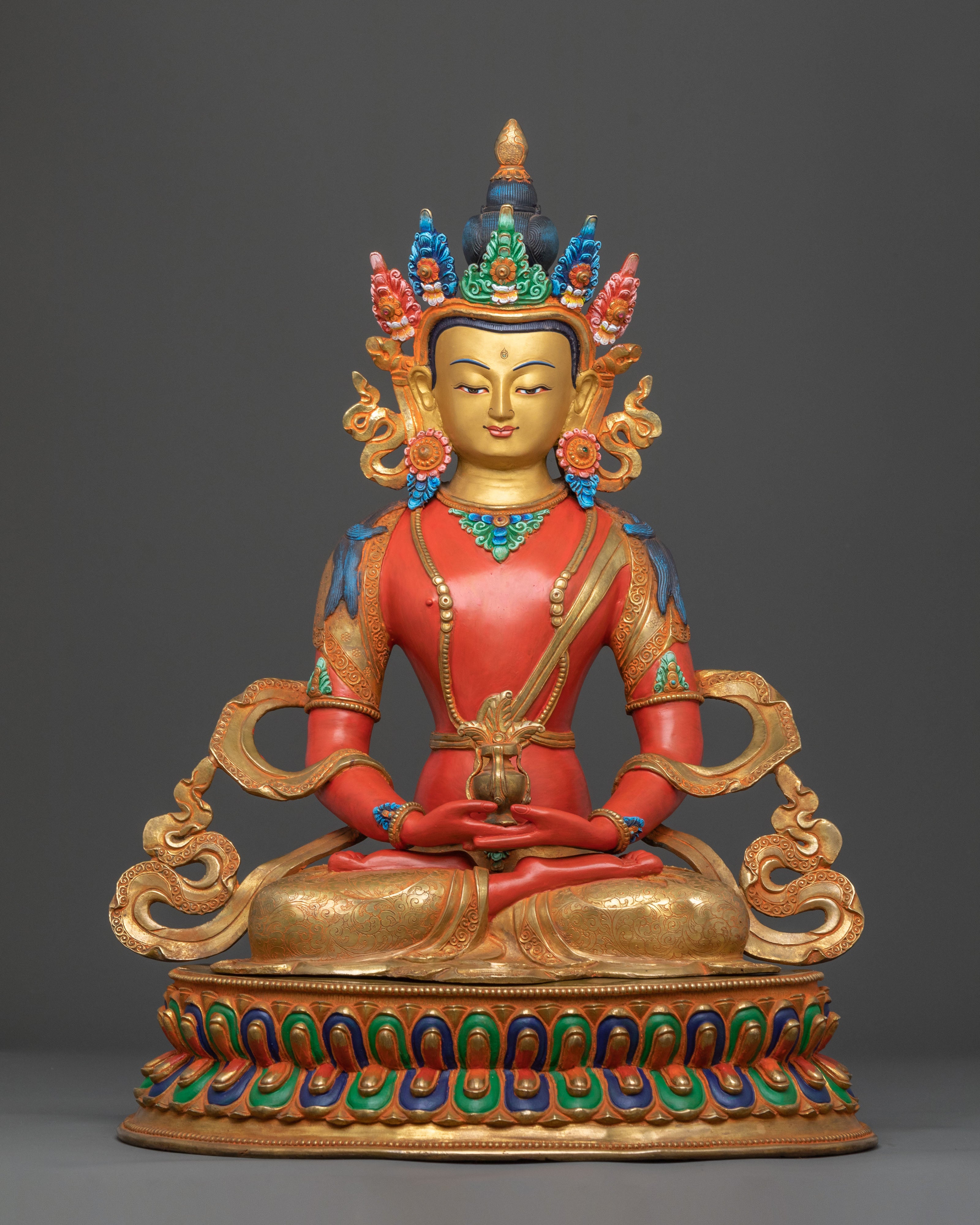 Amitayus Statue Tsepakme: 24K Gold Gilded Copper