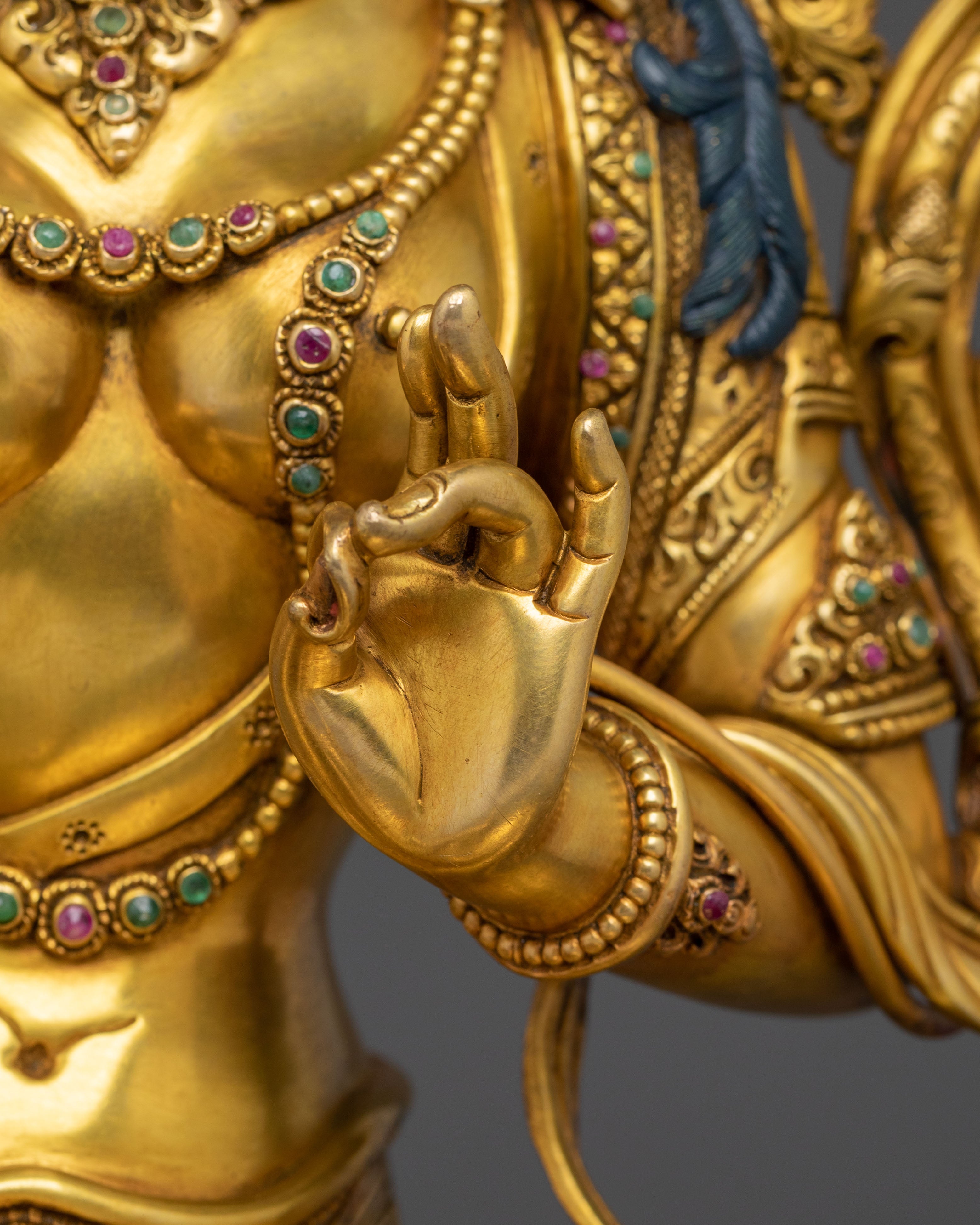 Tibetan Goddess Sculpture of Green Tara | 24K Gold Gilded Compassion Statue