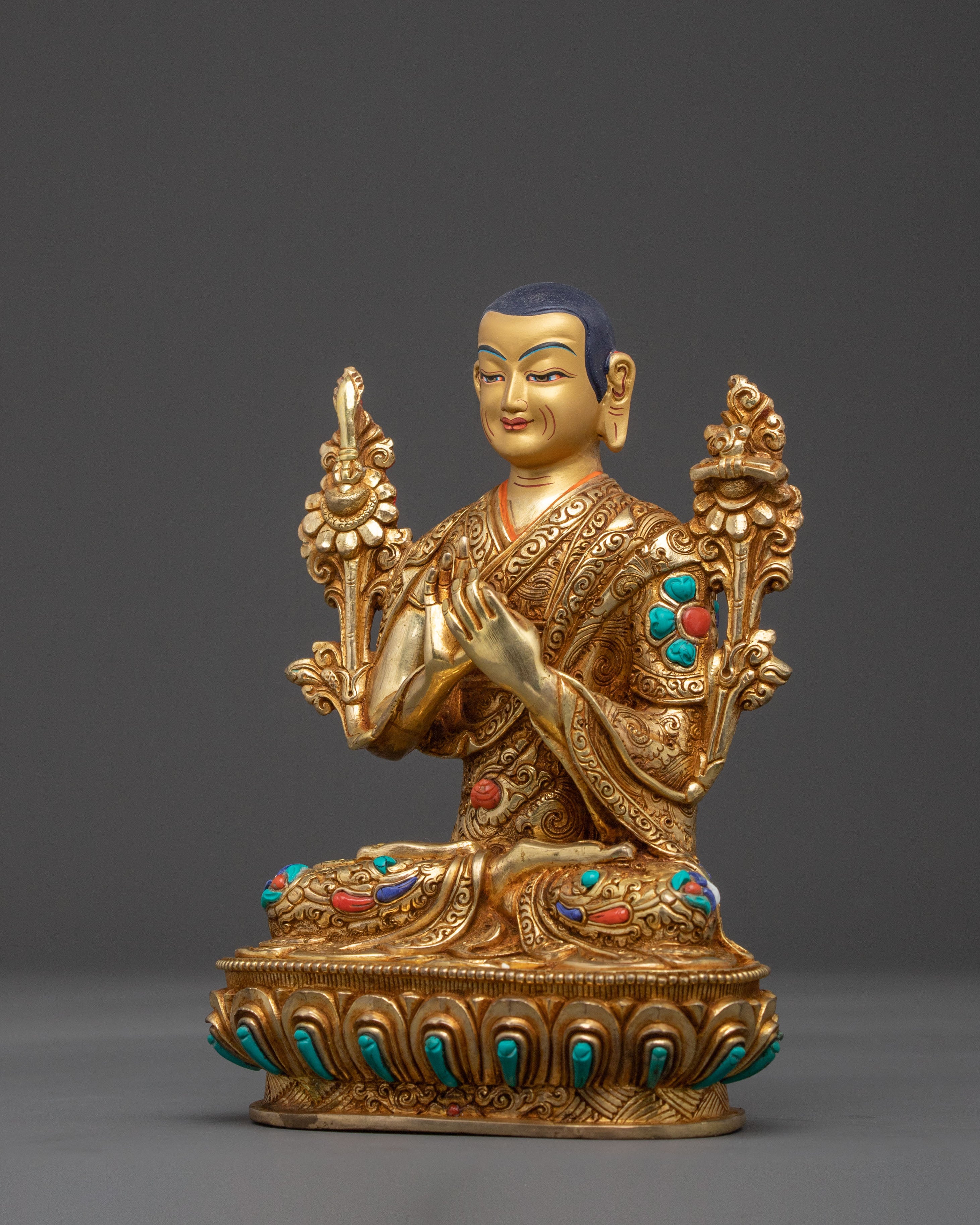 Tsongkhapa Set 24K Gold Gilded Copper Statue