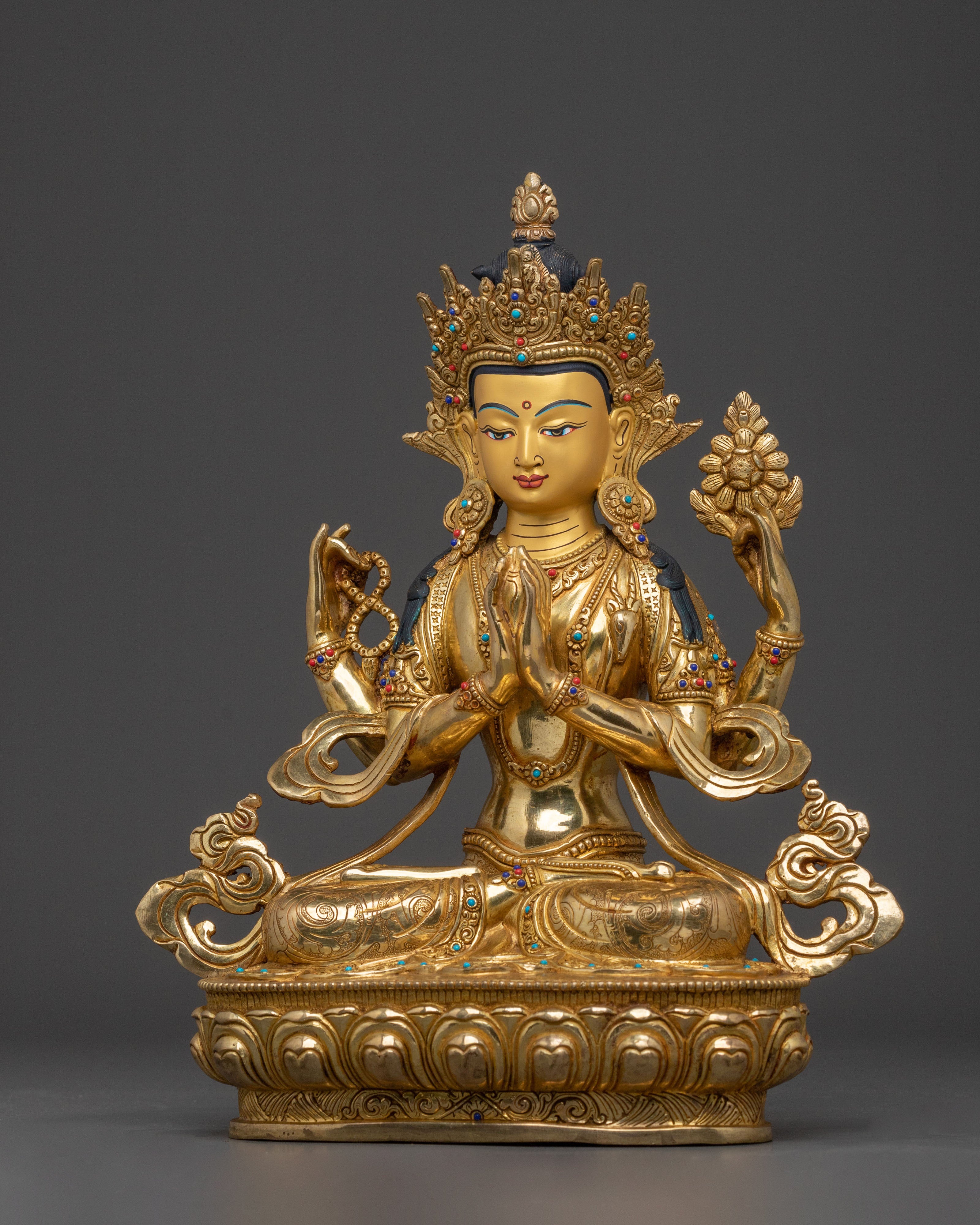 Four-Armed Chenrezig Statue: 24K Gold Gilded Serenity