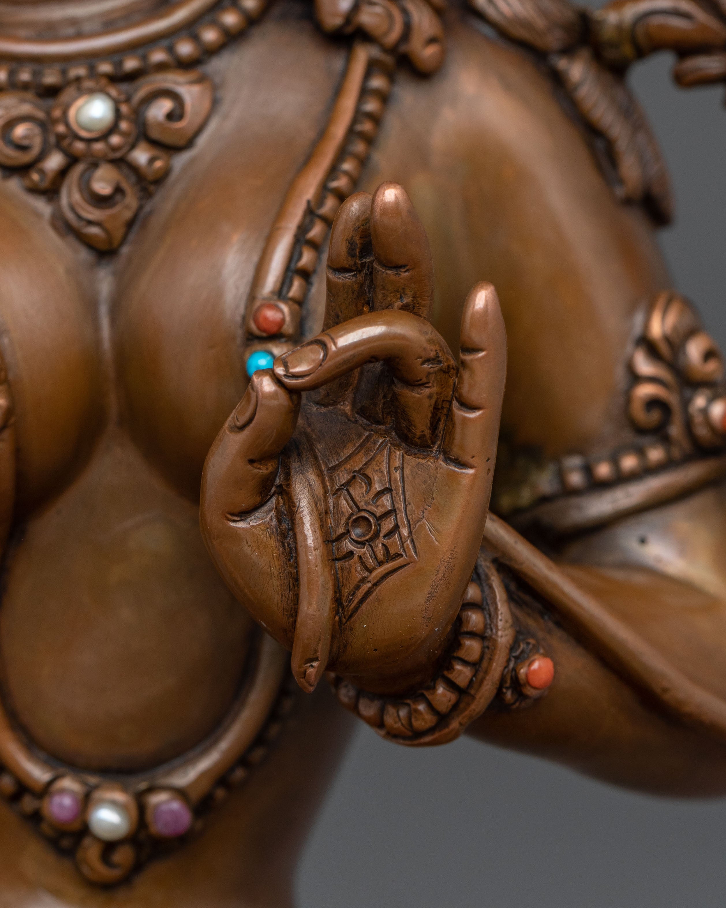 Green Tara Sculpture of Sacred Protection: Oxidized Copper Art