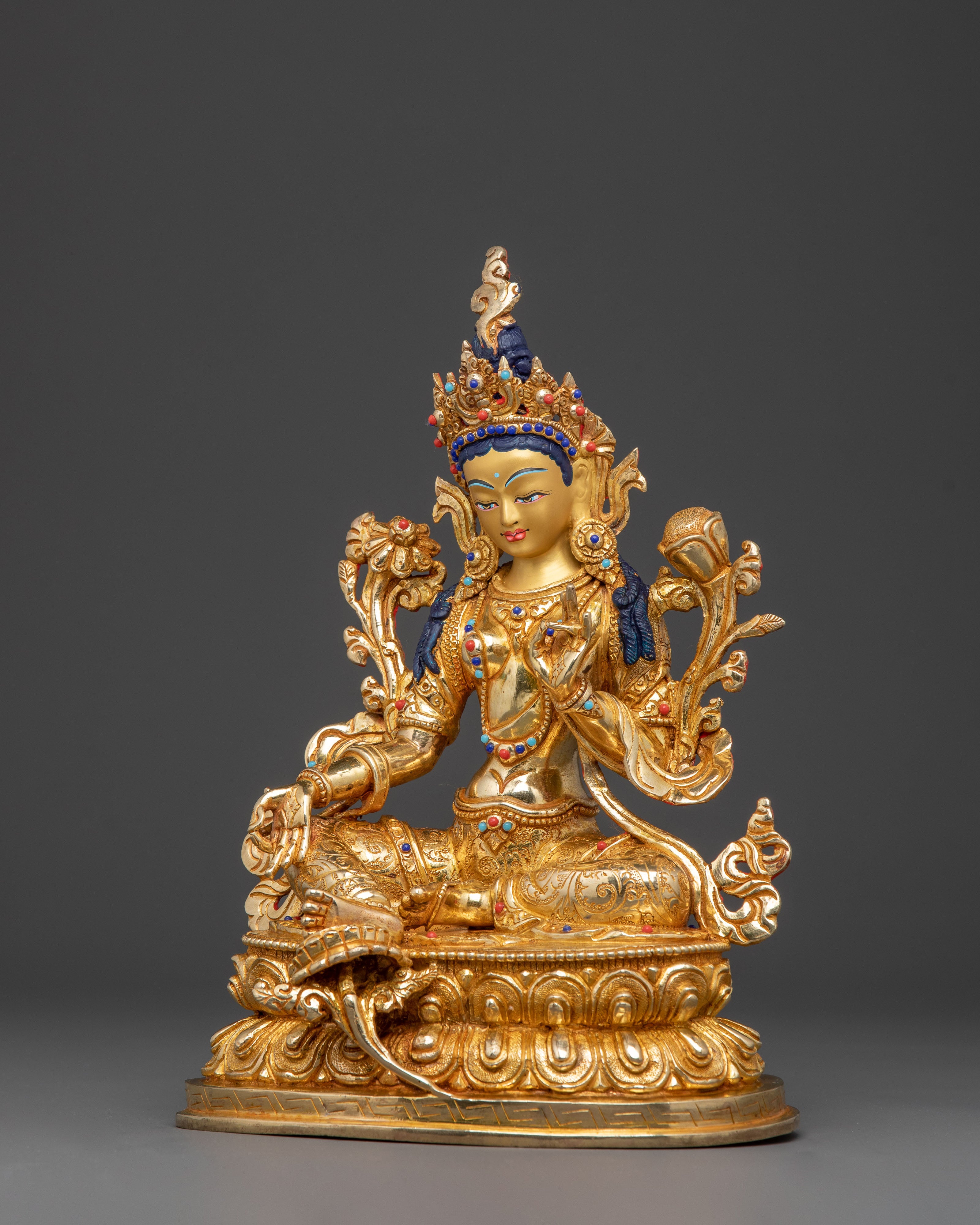 Handcrafted Grace Green Tara Statue - Gilded Copper