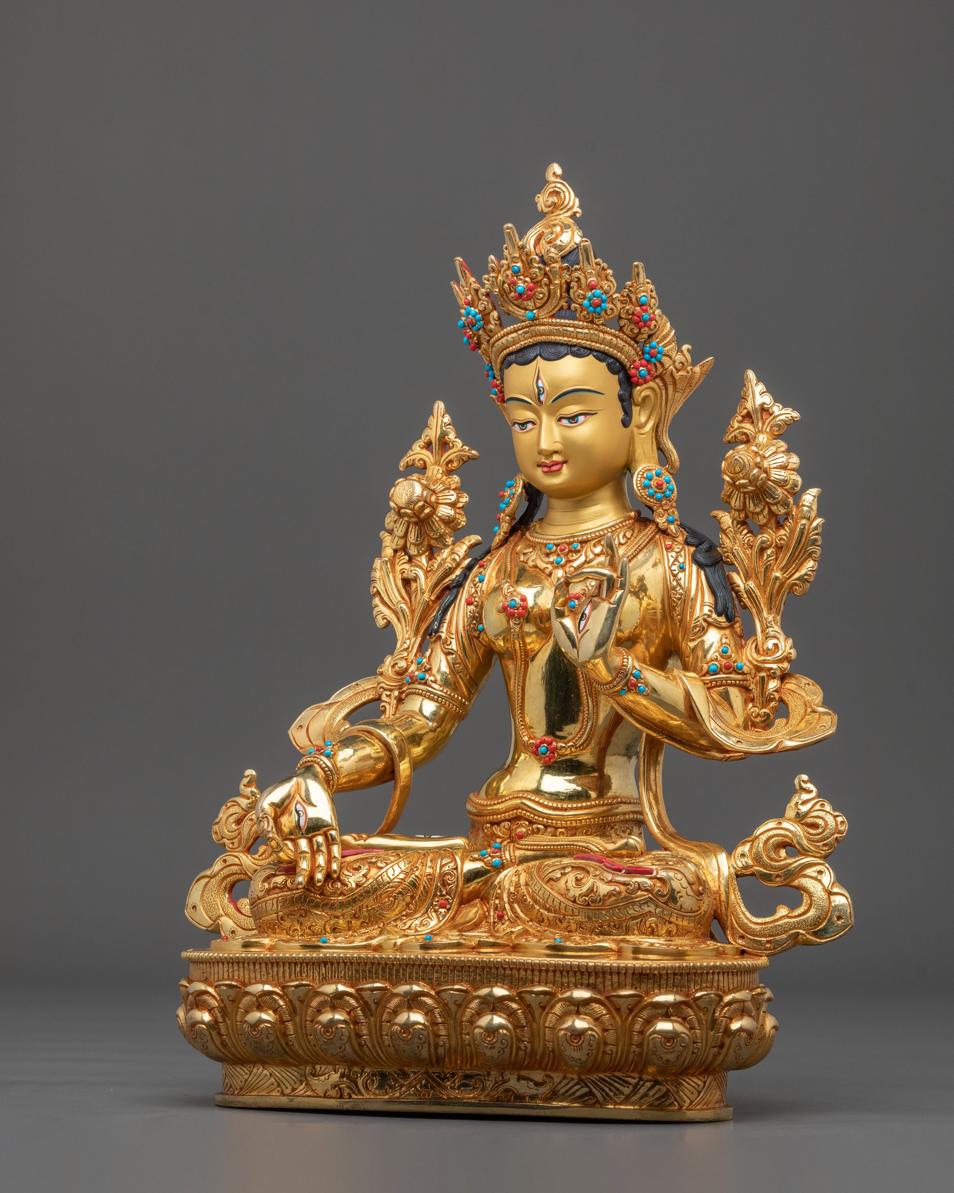 White Tara Statue | Serene 24K Gold Gilded Tibetan Figurine