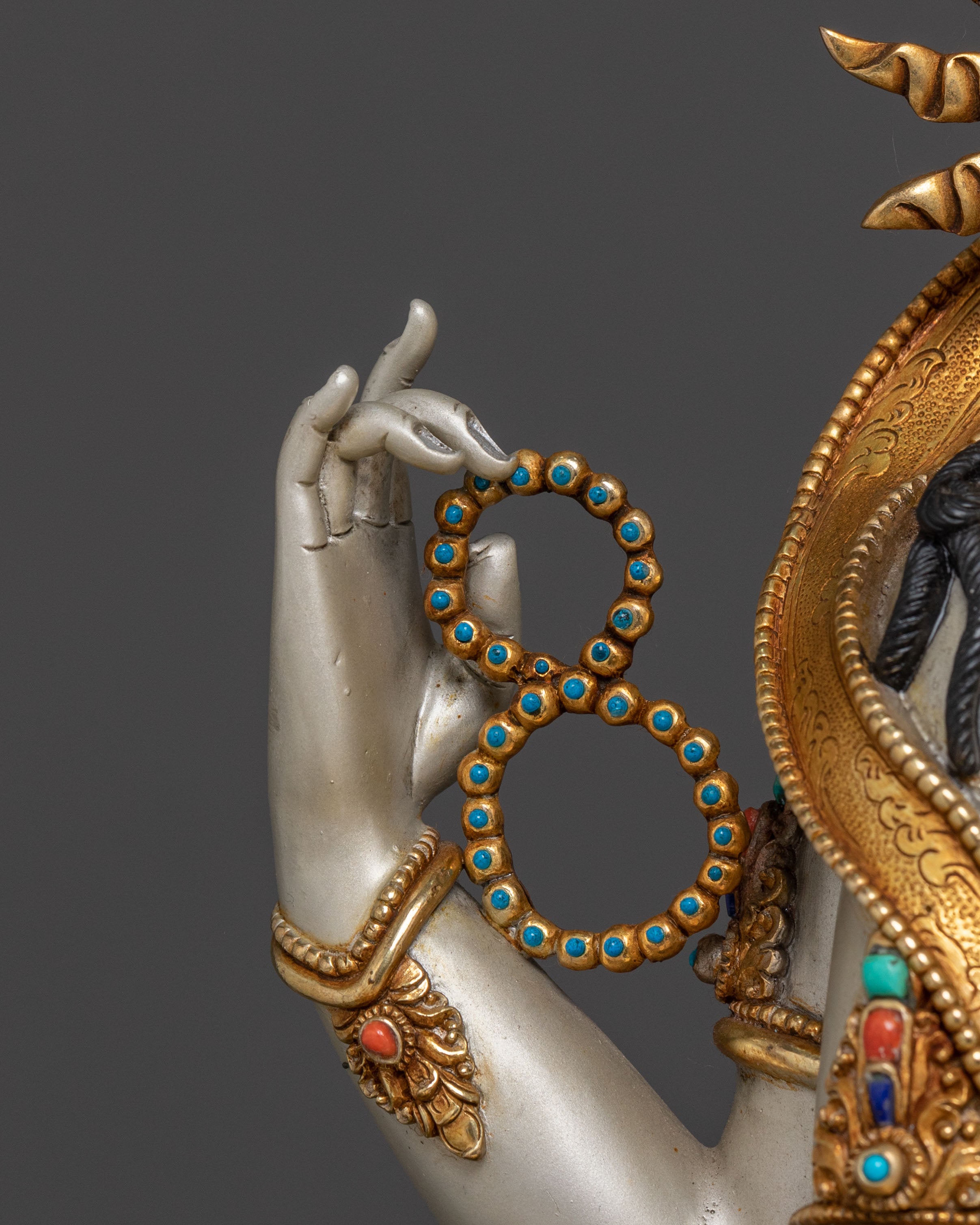 Majestic Chenrezig on Throne Statue with 24k Gold Glided and Gemstones Inlays