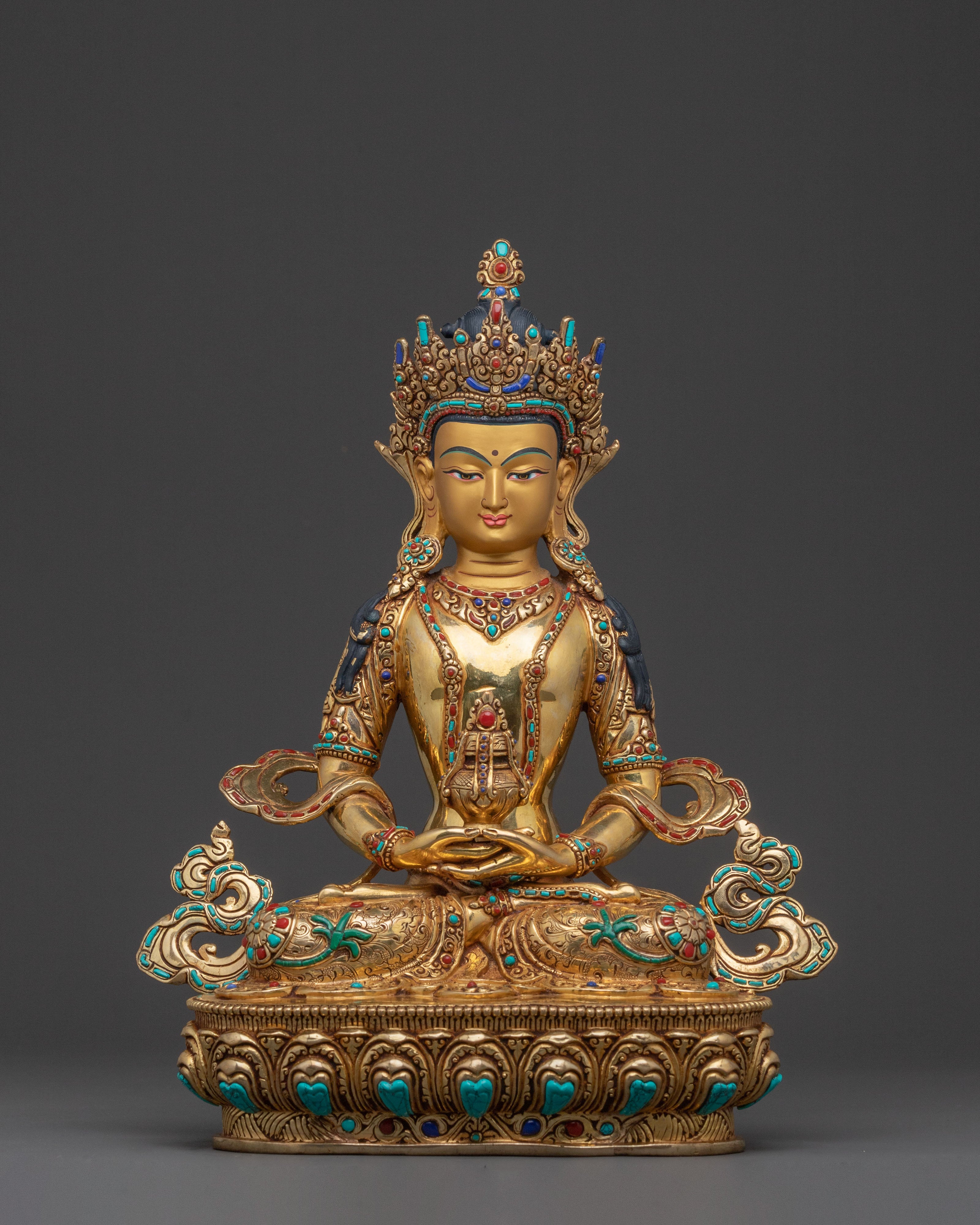 Amitayus Buddha Longevity Statue – Gold Gilded & Gemstone Inlaid