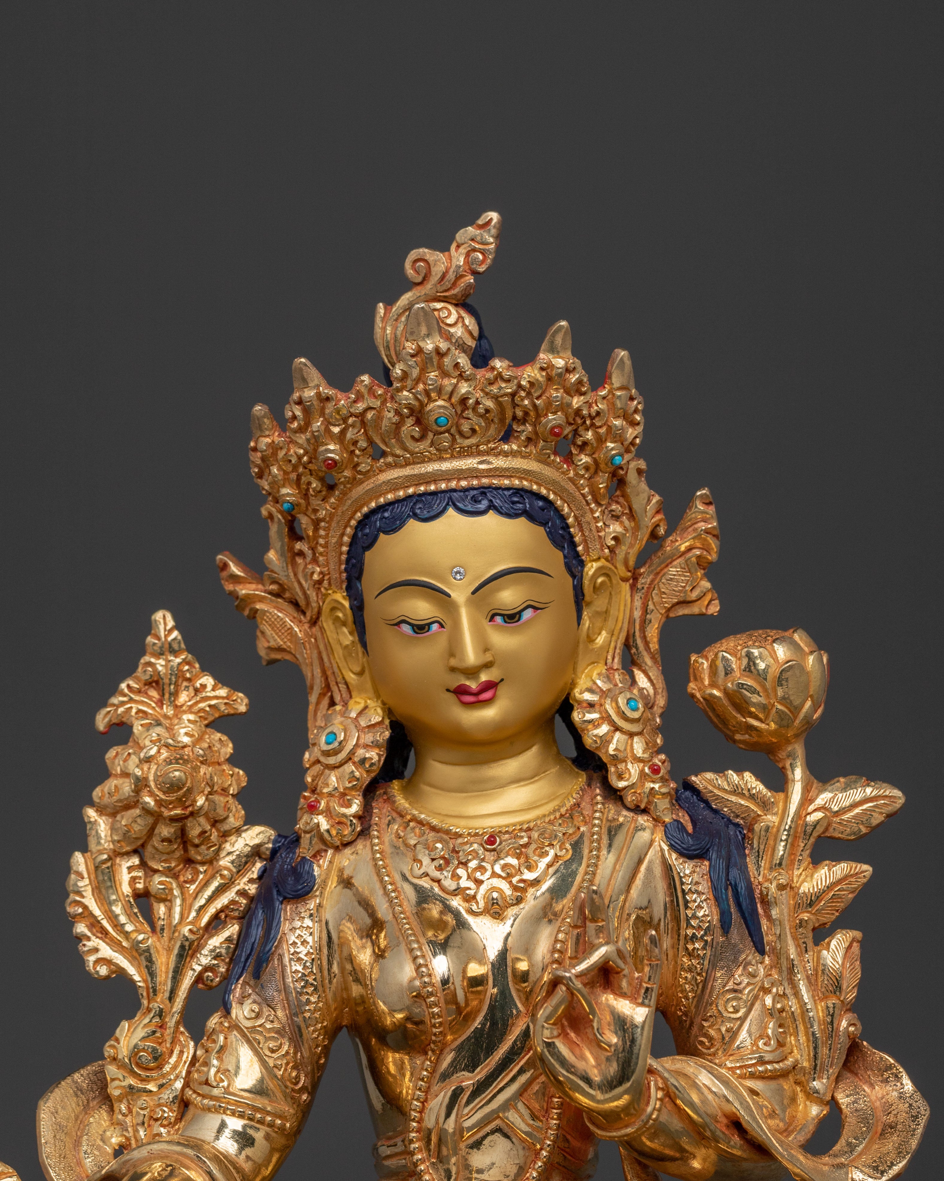 Green Tara Statue: 24K Gold Gilded Copper Sculpture
