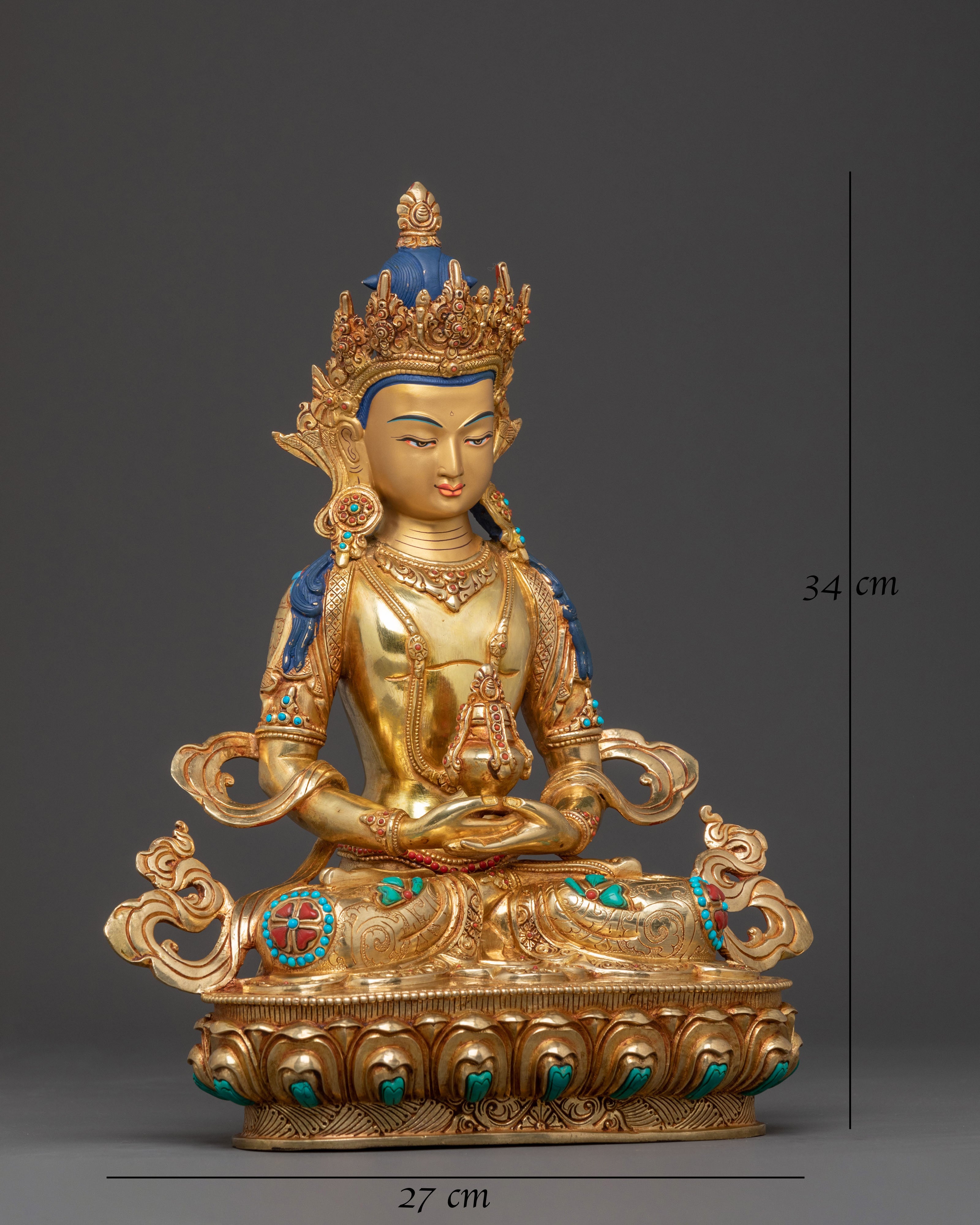 Amitayus Sacred Handcrafted Statue: 24K Gold Gilded Masterpiece