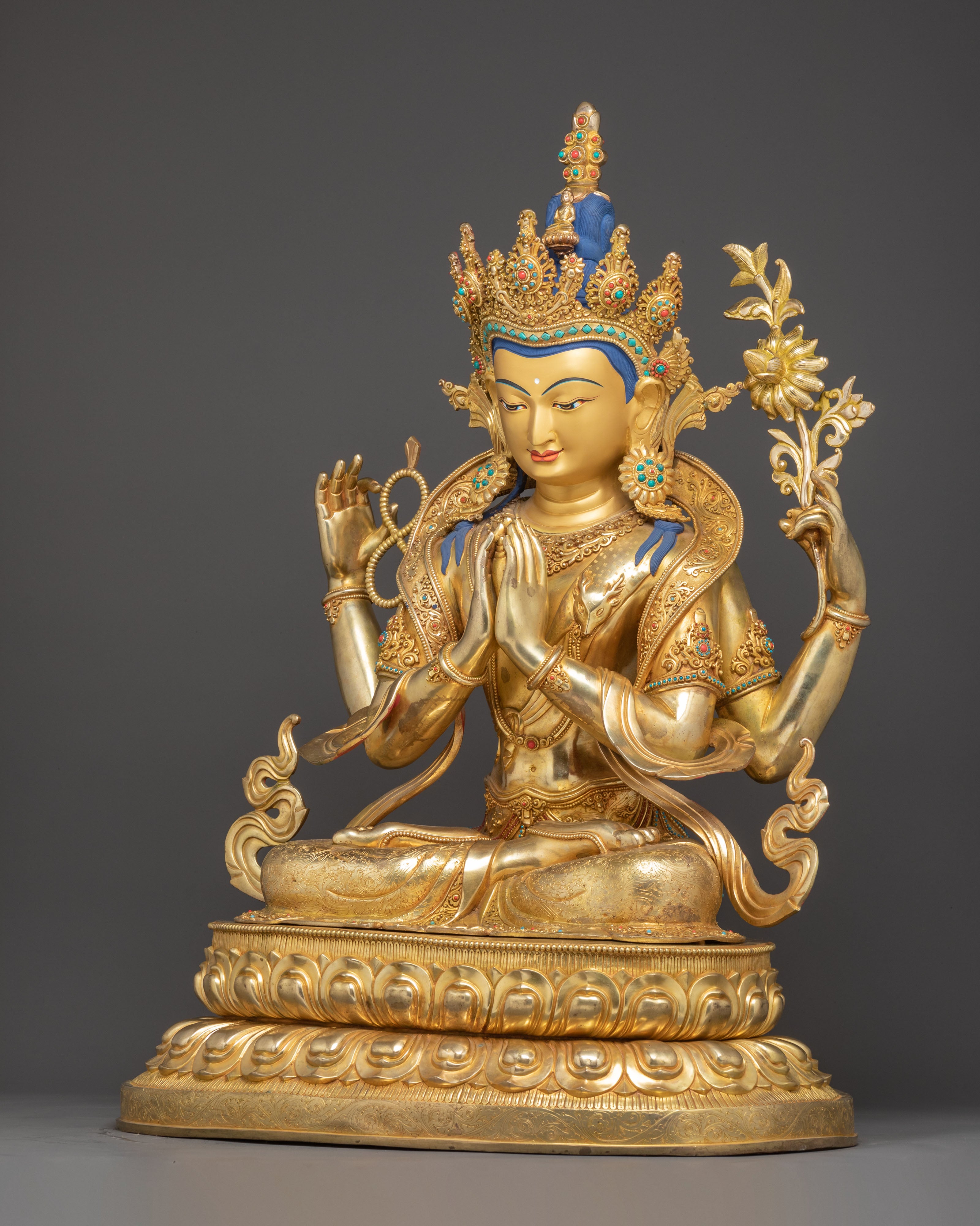 Handmade Golden Statue of Chenrezig | Compassion Deity