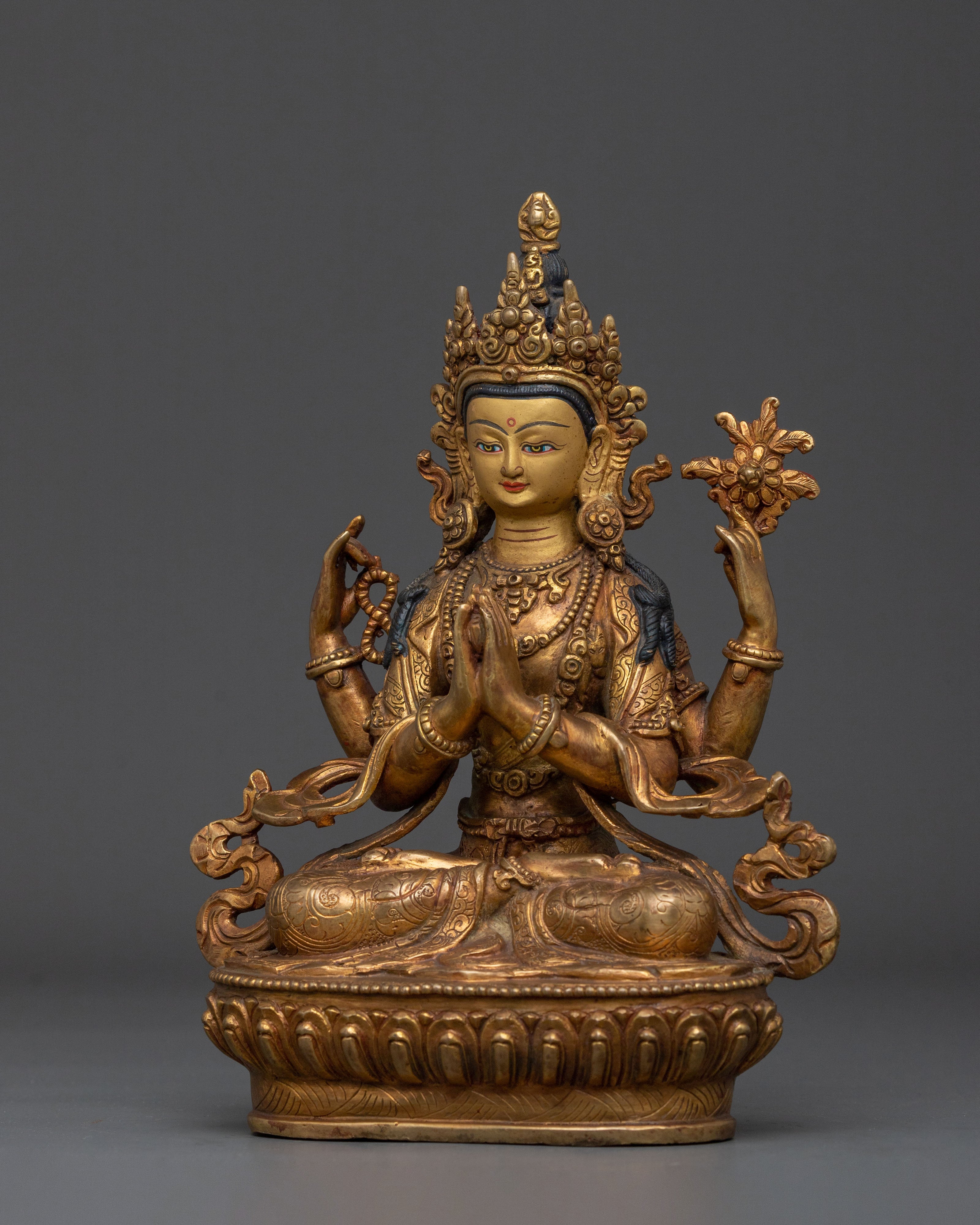 Chenrezig Fire Gold Gilded Figurine | 24K Gold Compassion Statue