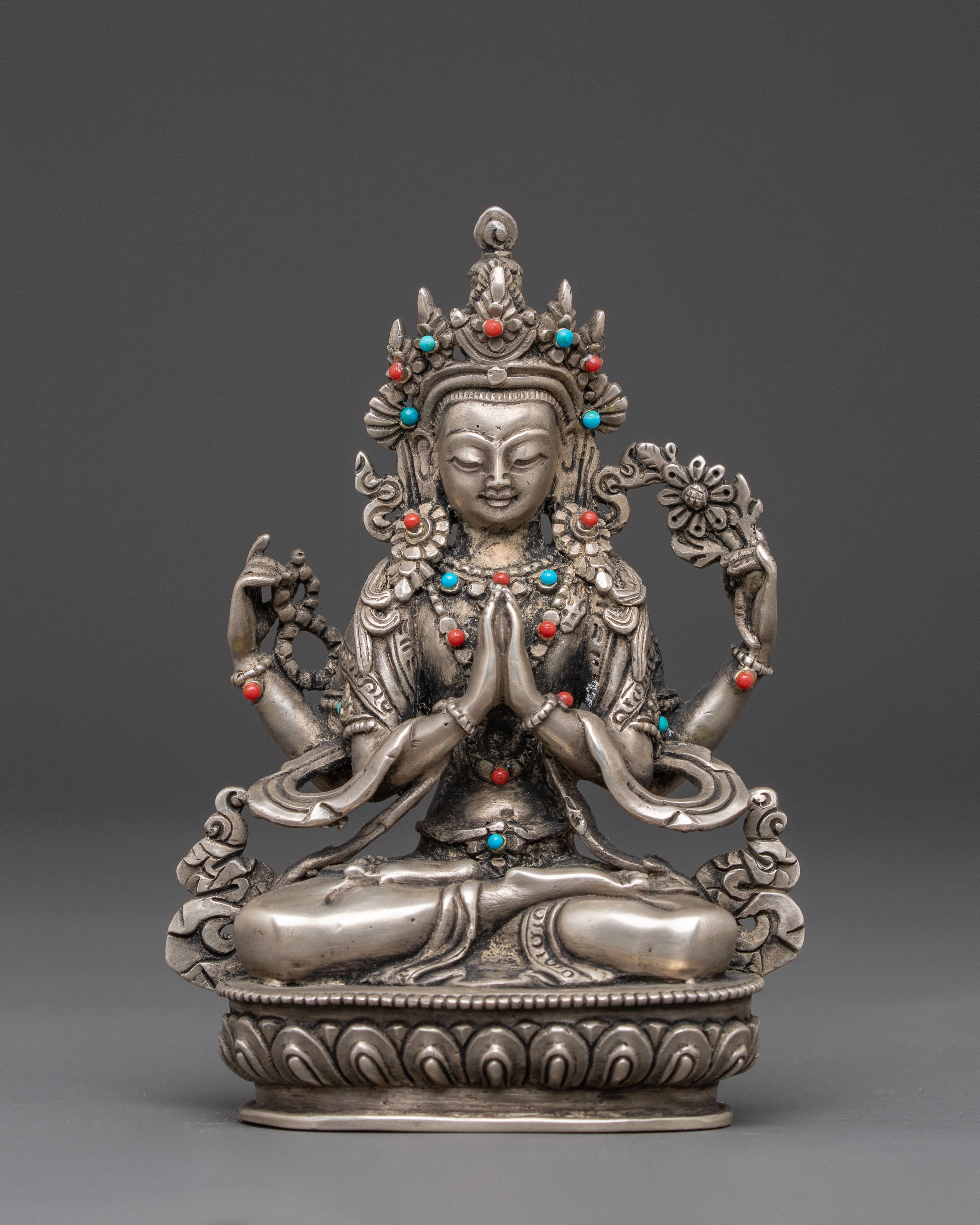 Handmade Silver Statue of Chenresig | Meditation & Altar Decor