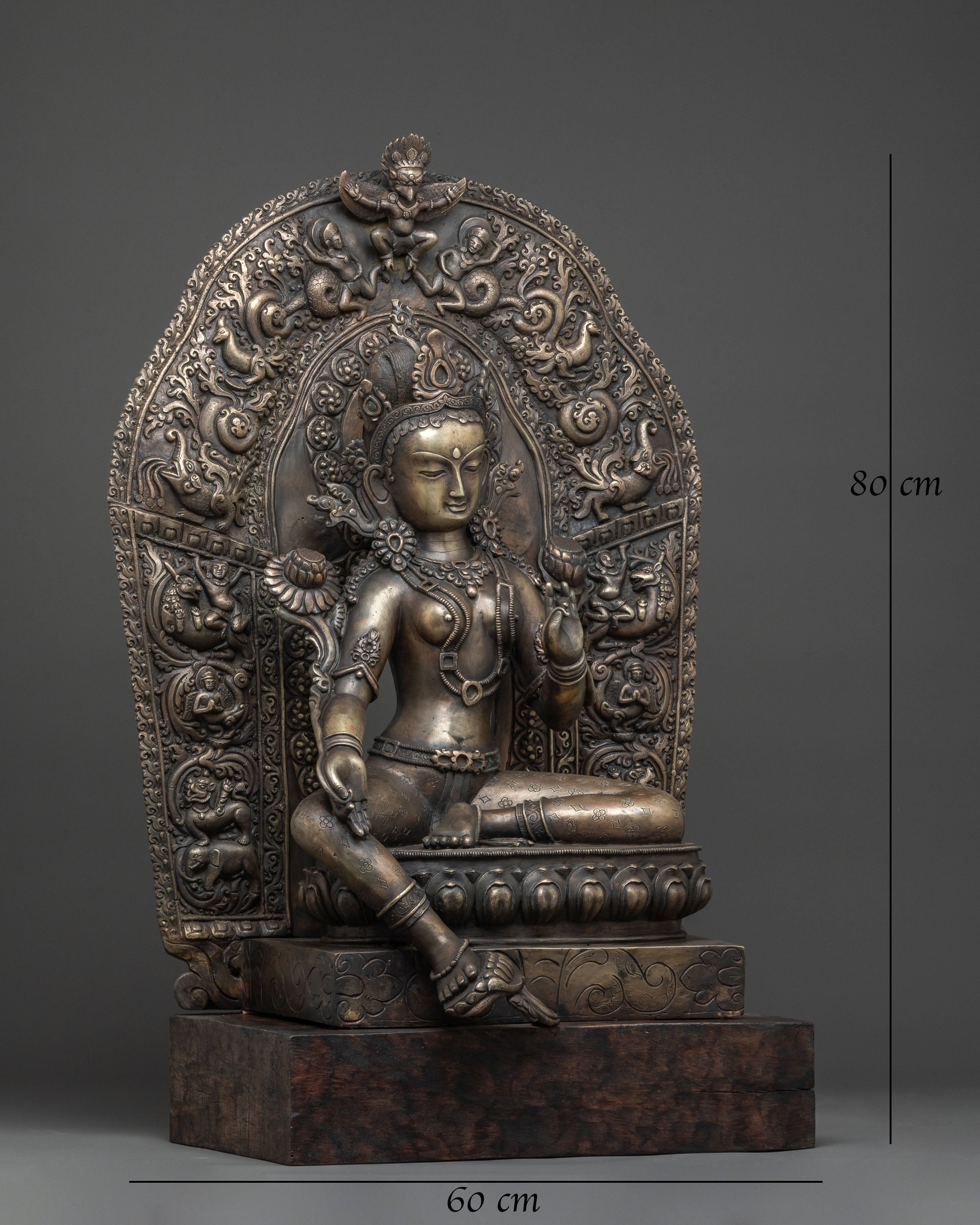 Green Tara Statue | Bronze Figure with Wooden Base