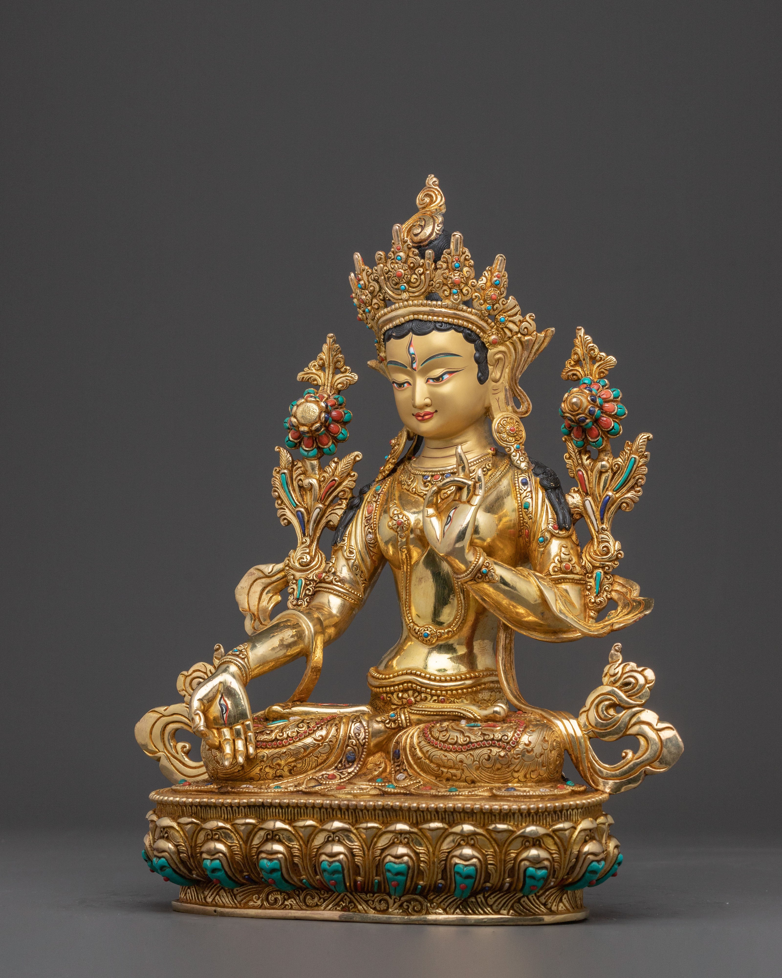 Radiant Spiritual Statue of White Tara | 24K Gold Gilded Artistry