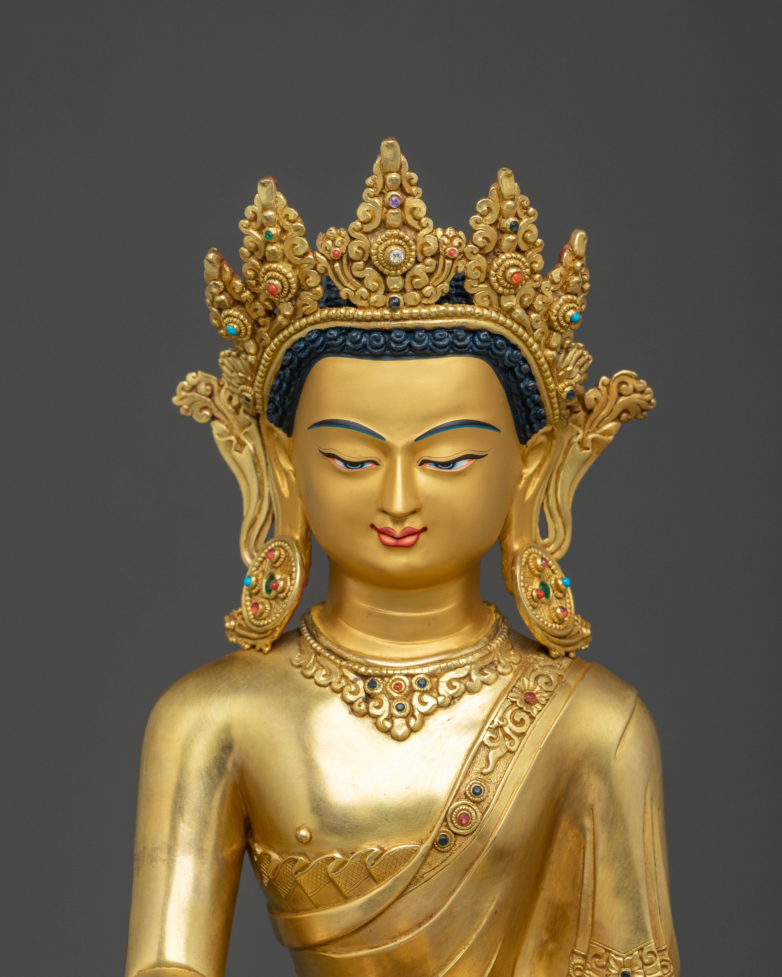 Crown Shakyamuni Buddha Statue: 24K Gold Glided Buddhist Statue