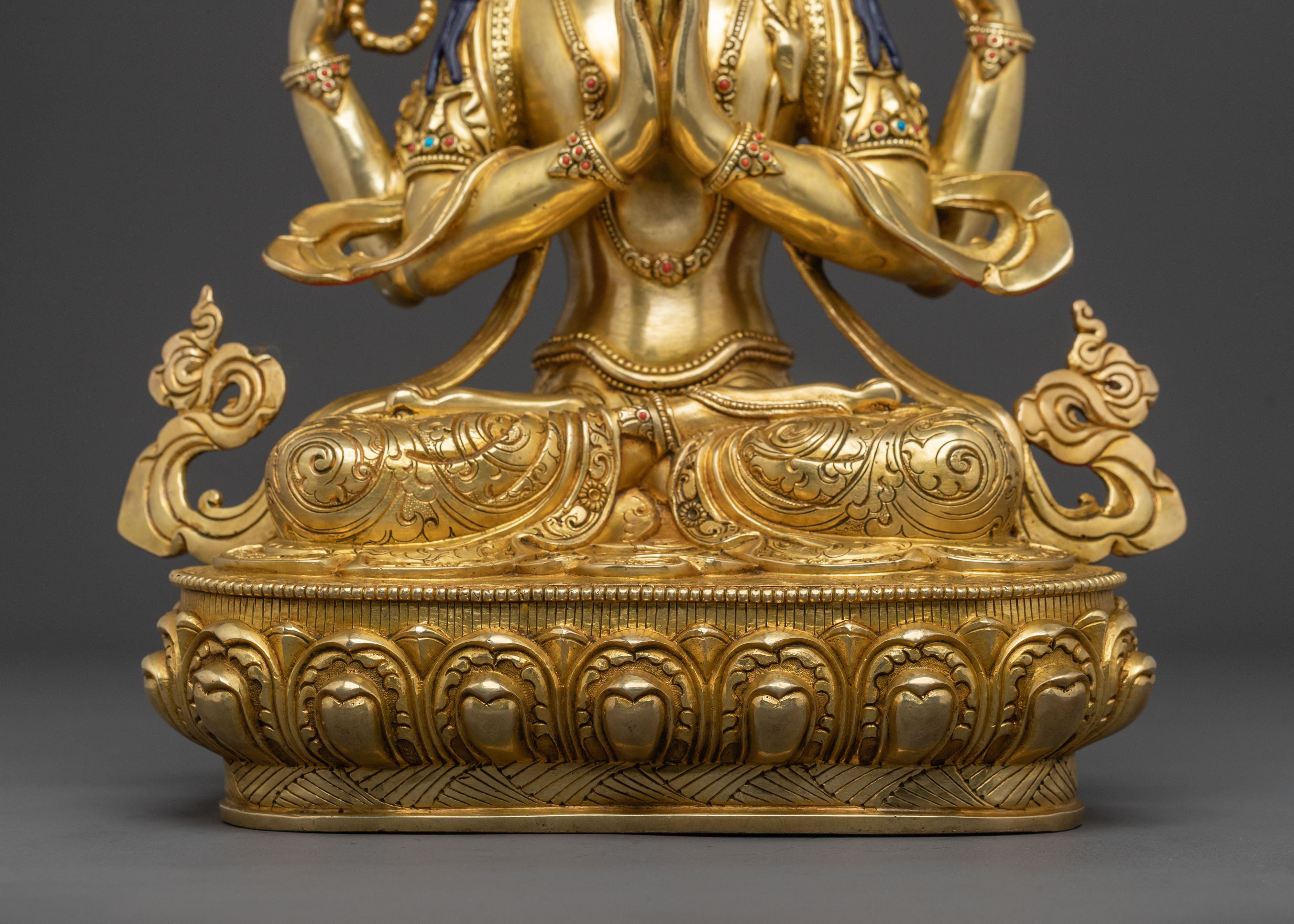 Handcrafted Chenrezig Traditional Statue: 24K Gold Gilded