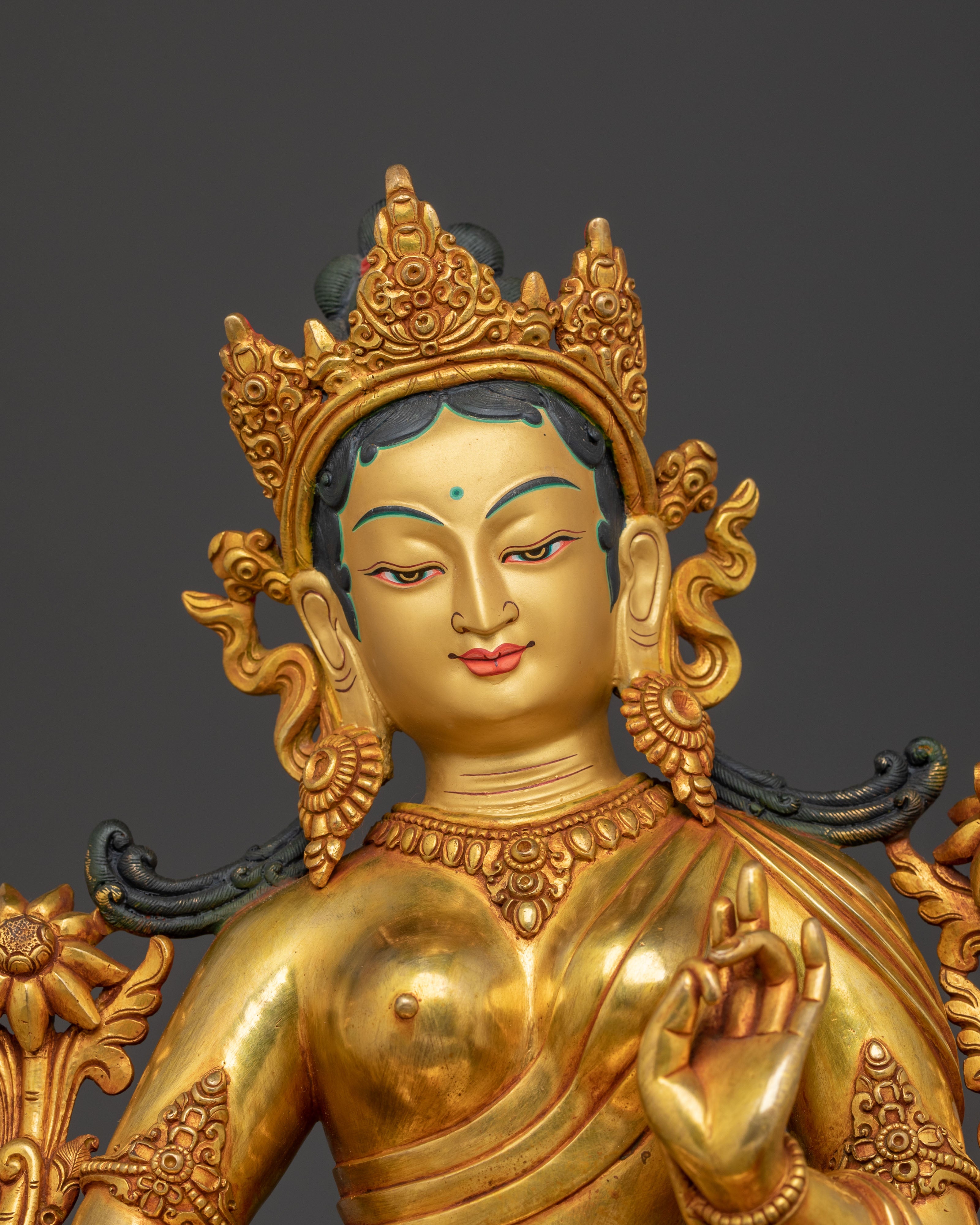 Victorious Green Tara Statue | 24k Gold Gilded Statue