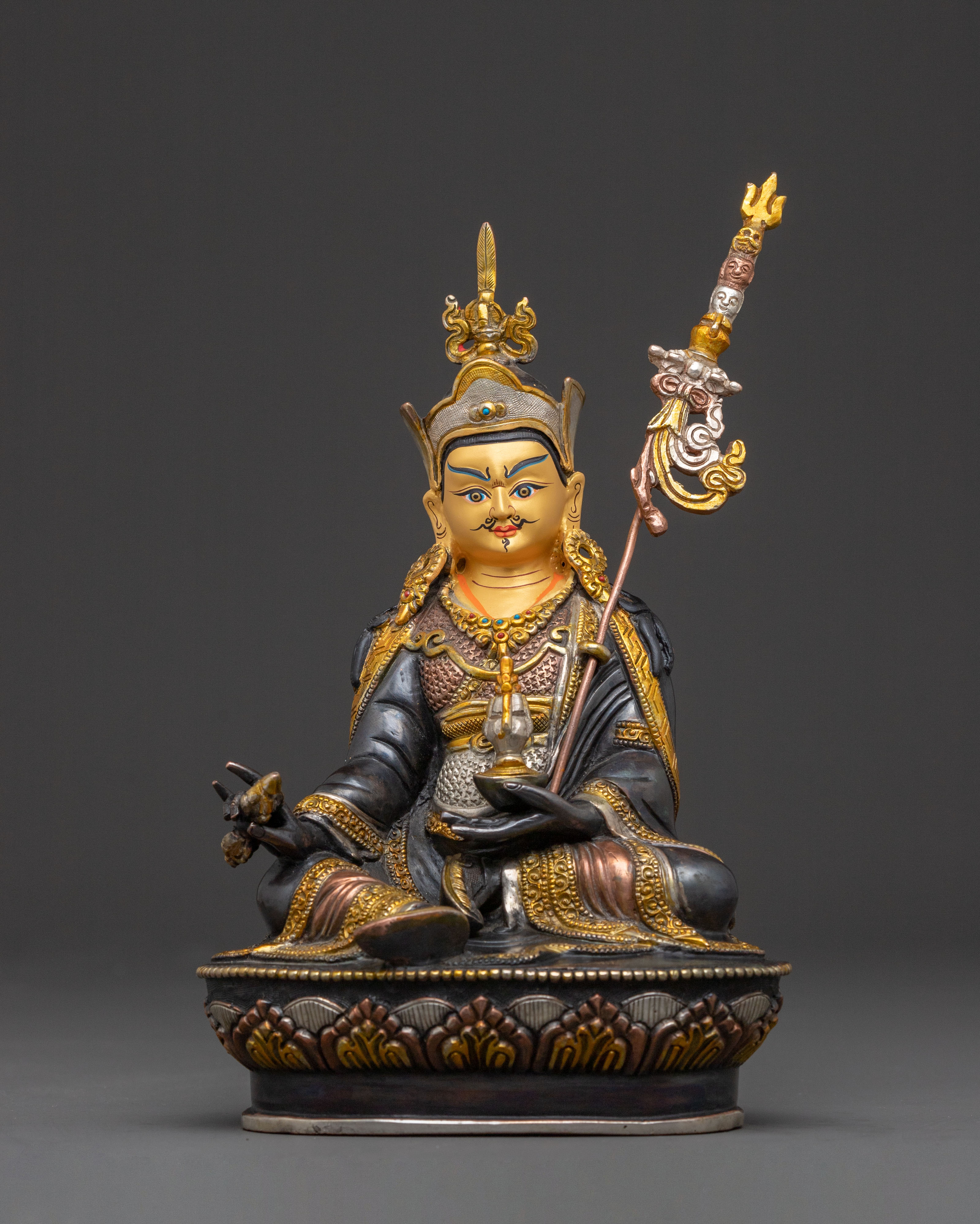 Guru Rinpoche Meditation Statue - Gilded Oxidized Copper