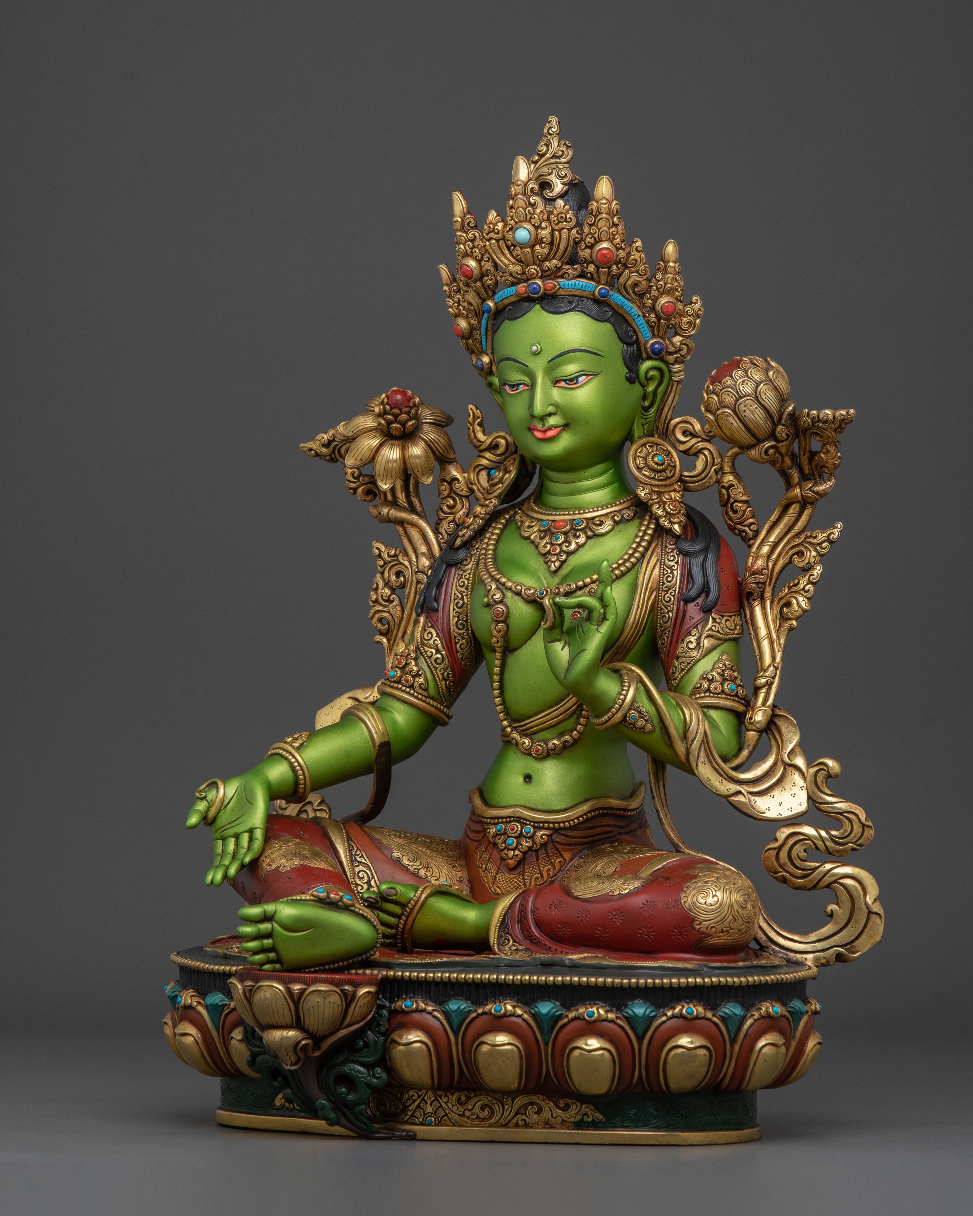 Mother Green Tara Sacred Sculpture in Gilded Copper