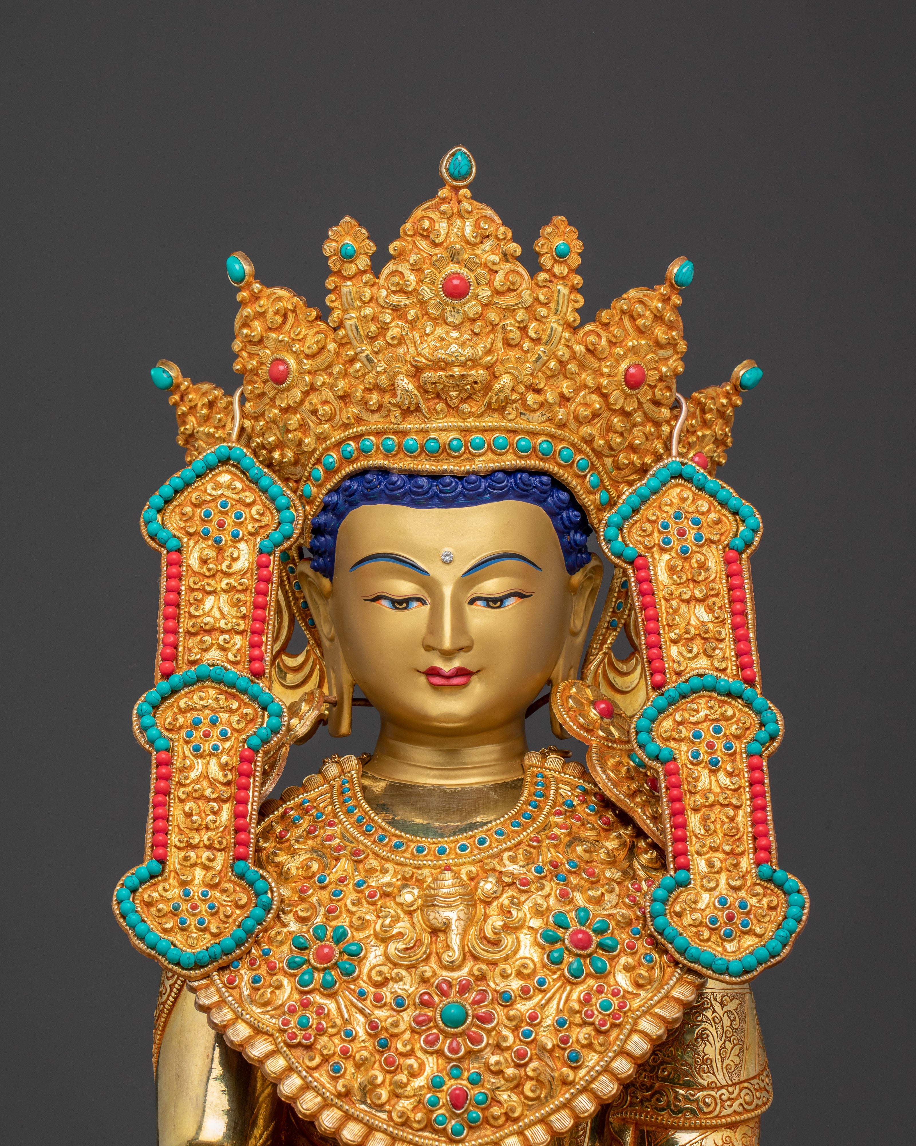 Crown Shakyamuni Buddha Statue - 24K Gold Gilded Art