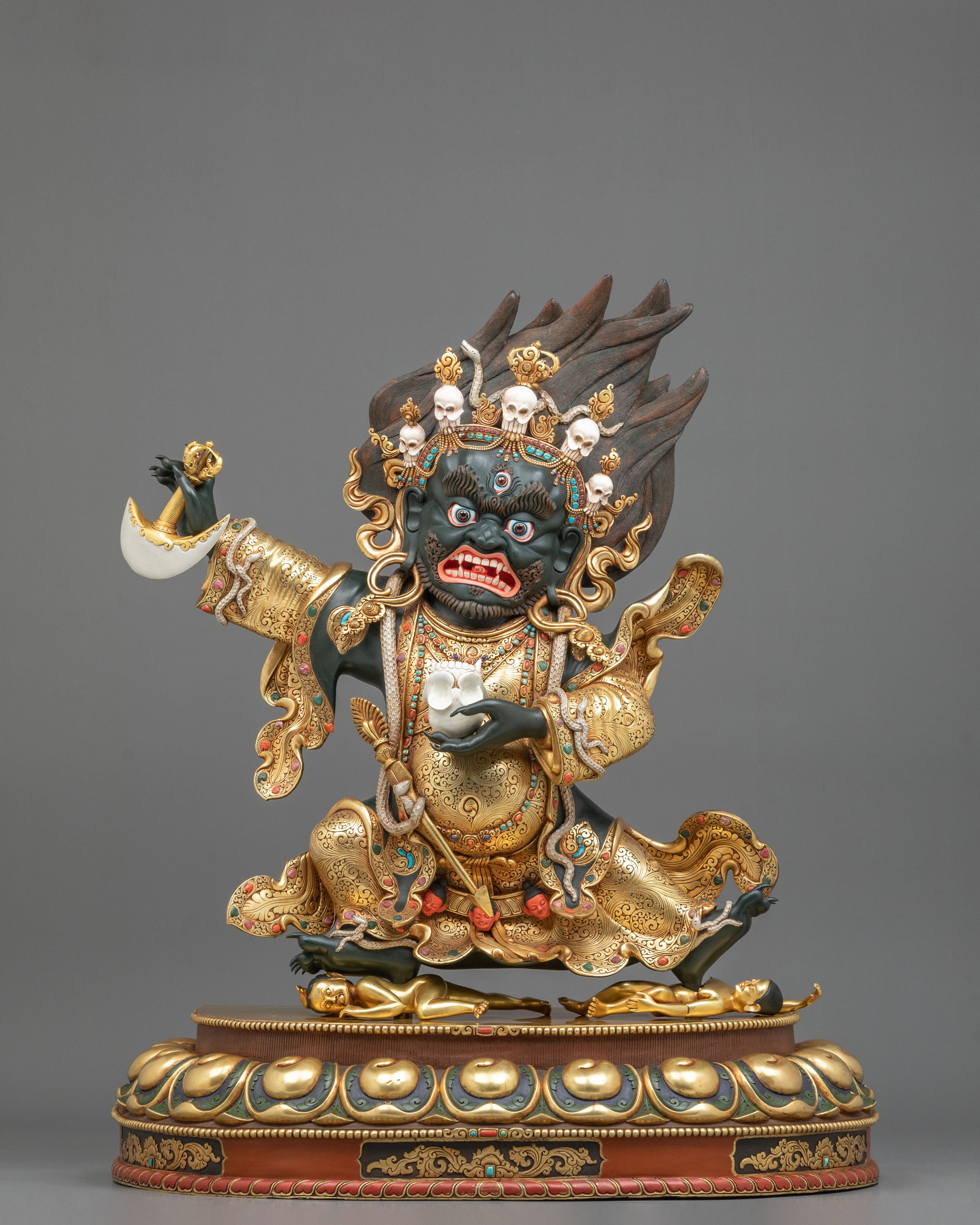 Mahakala Bernakchen Sacred Tibetan Sculpture | Gemstone-Adorned Copper Statue