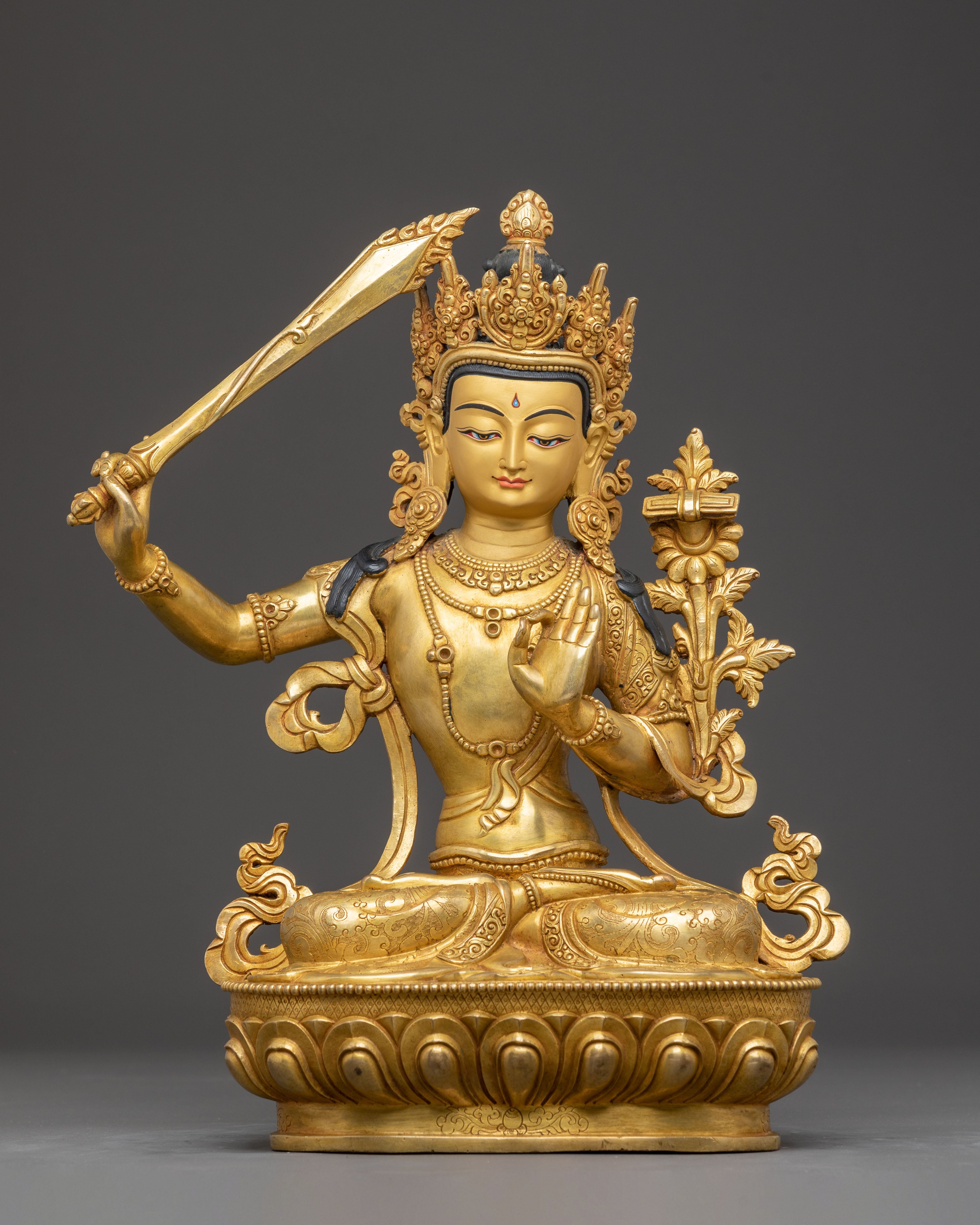 Handmade Golden Manjushri Statue- Symbol of Wisdom