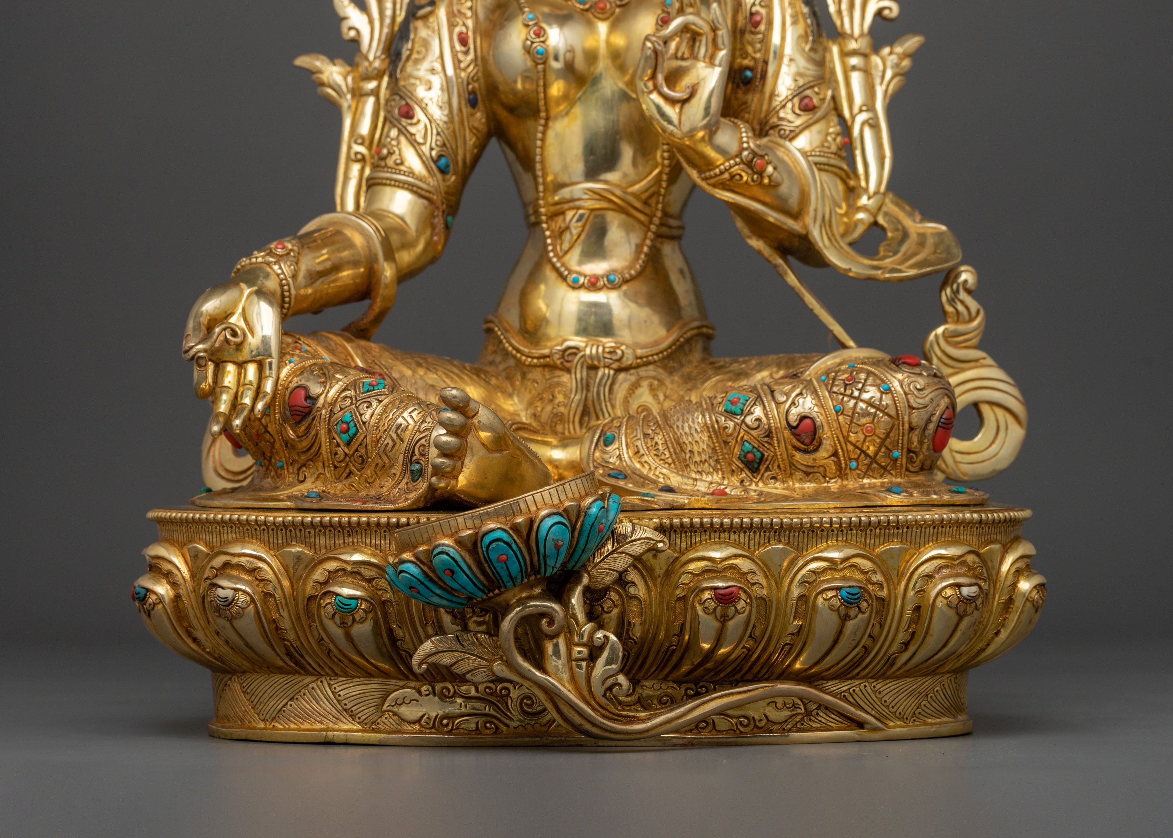 Green Tara Hand Carved Sacred Statue with 24K Gold Glided