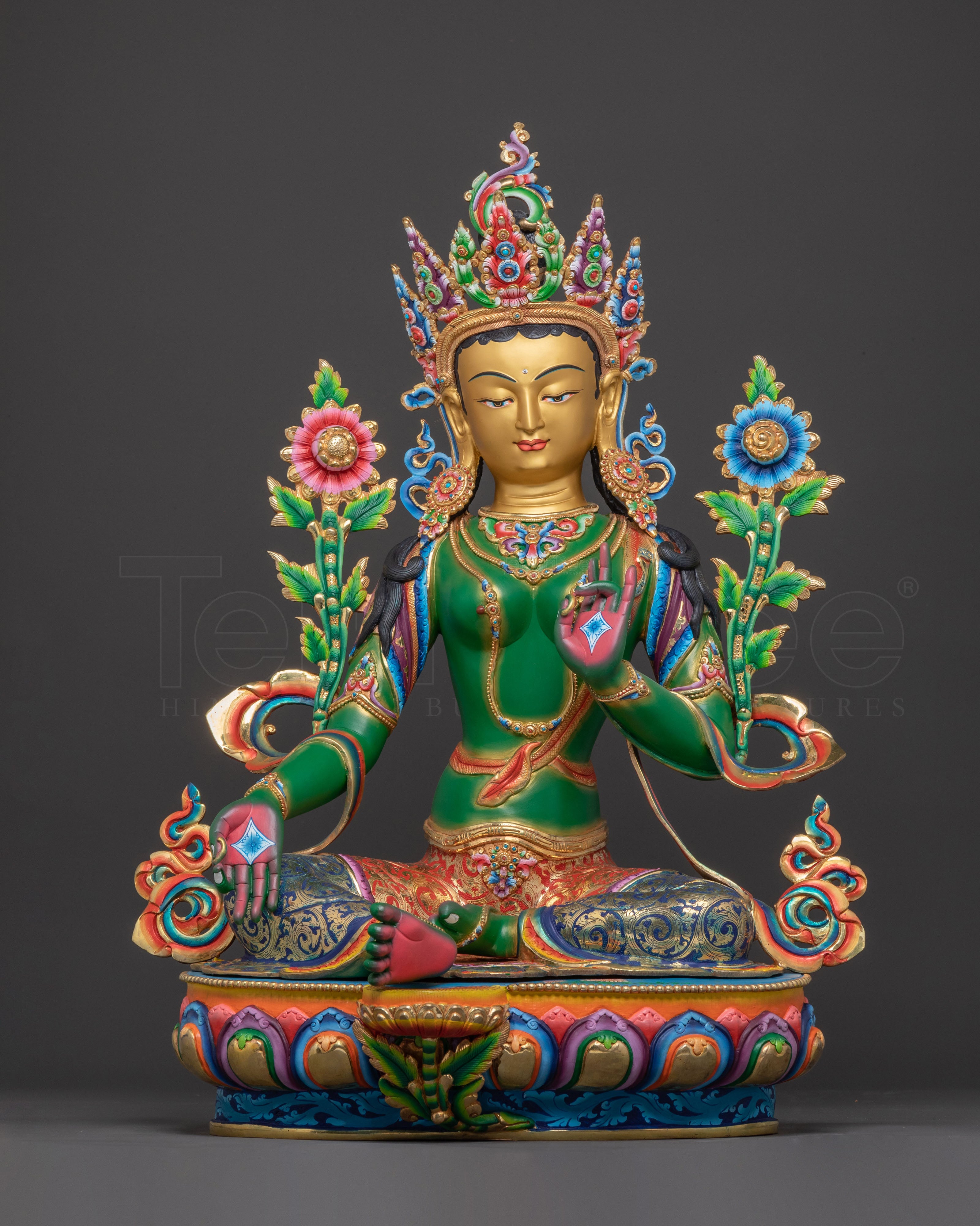 Handcrafted Divine Green Tara Statue – 24K Gilded Masterpiece