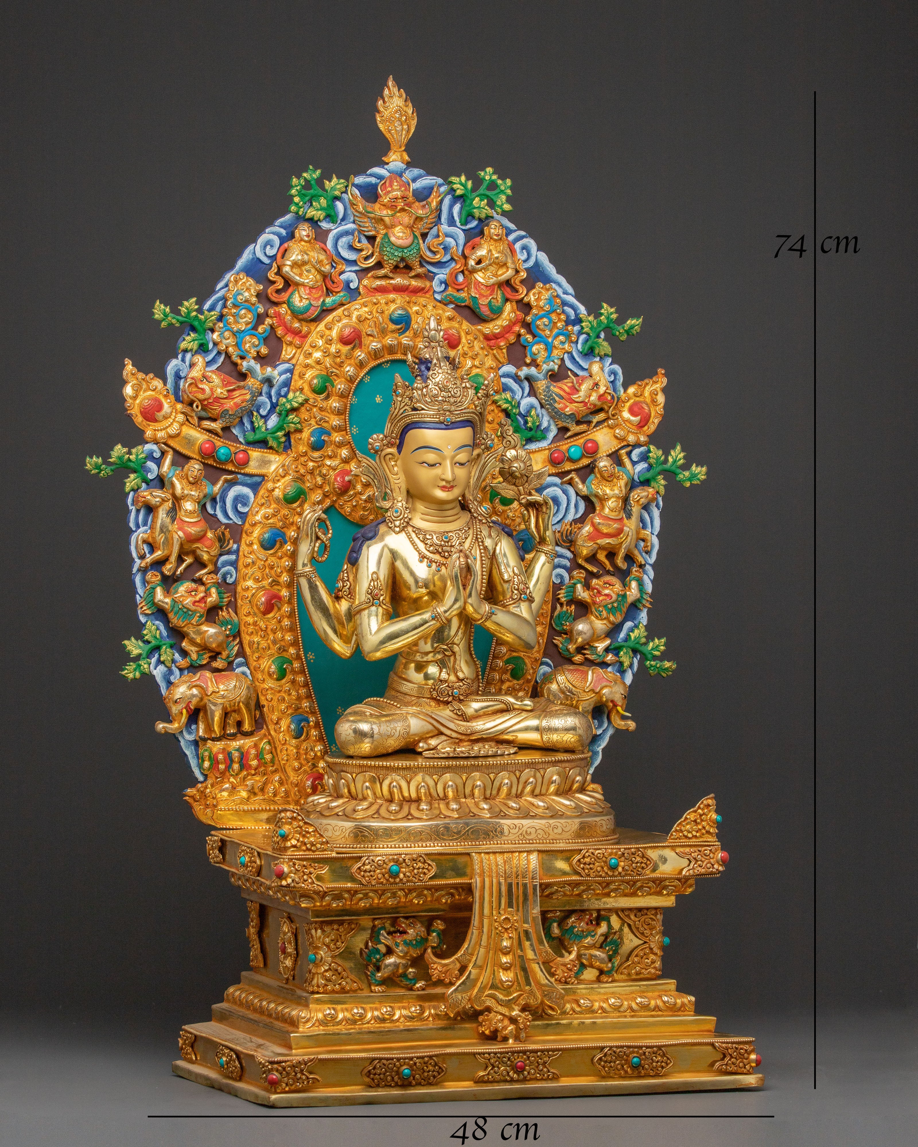 Sacred Statue of Chenrezig on Throne - Handcrafted Sacred Figure