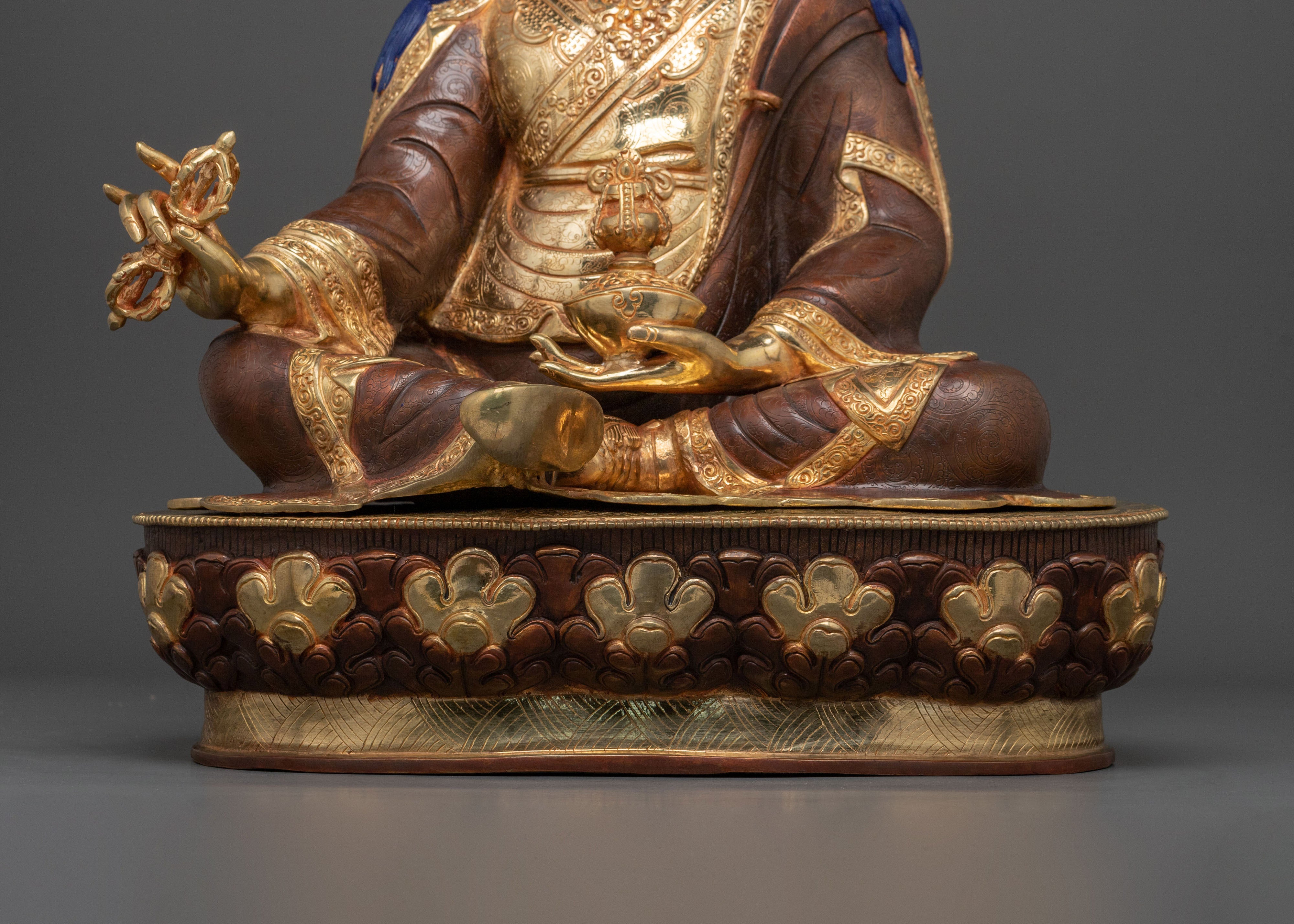Guru Rinpoche Buddhist Altar Decor Statue in Pure 24K Gold