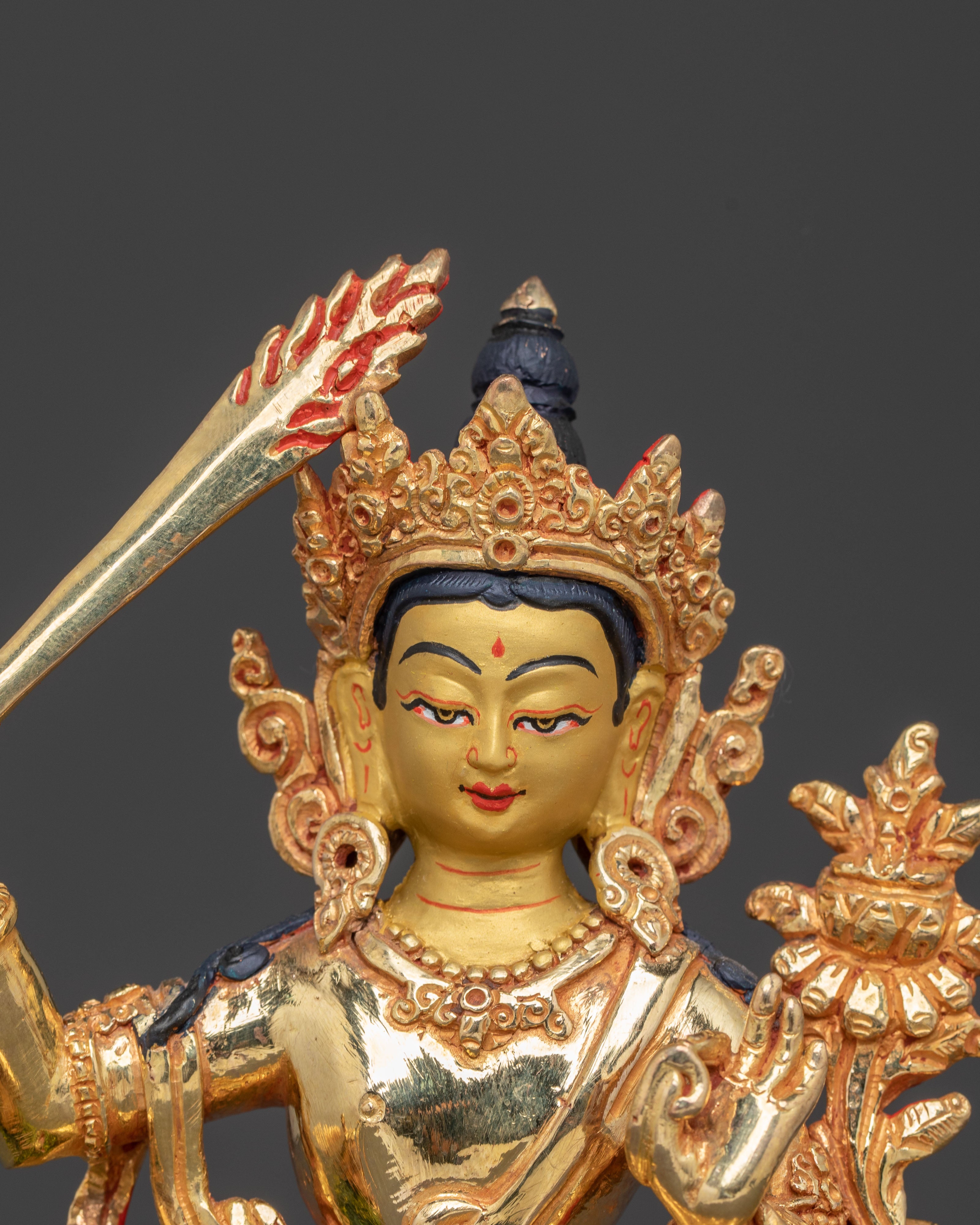 Handmade Simhanada Manjushri Golden Statue - Radiant Wisdom Art
