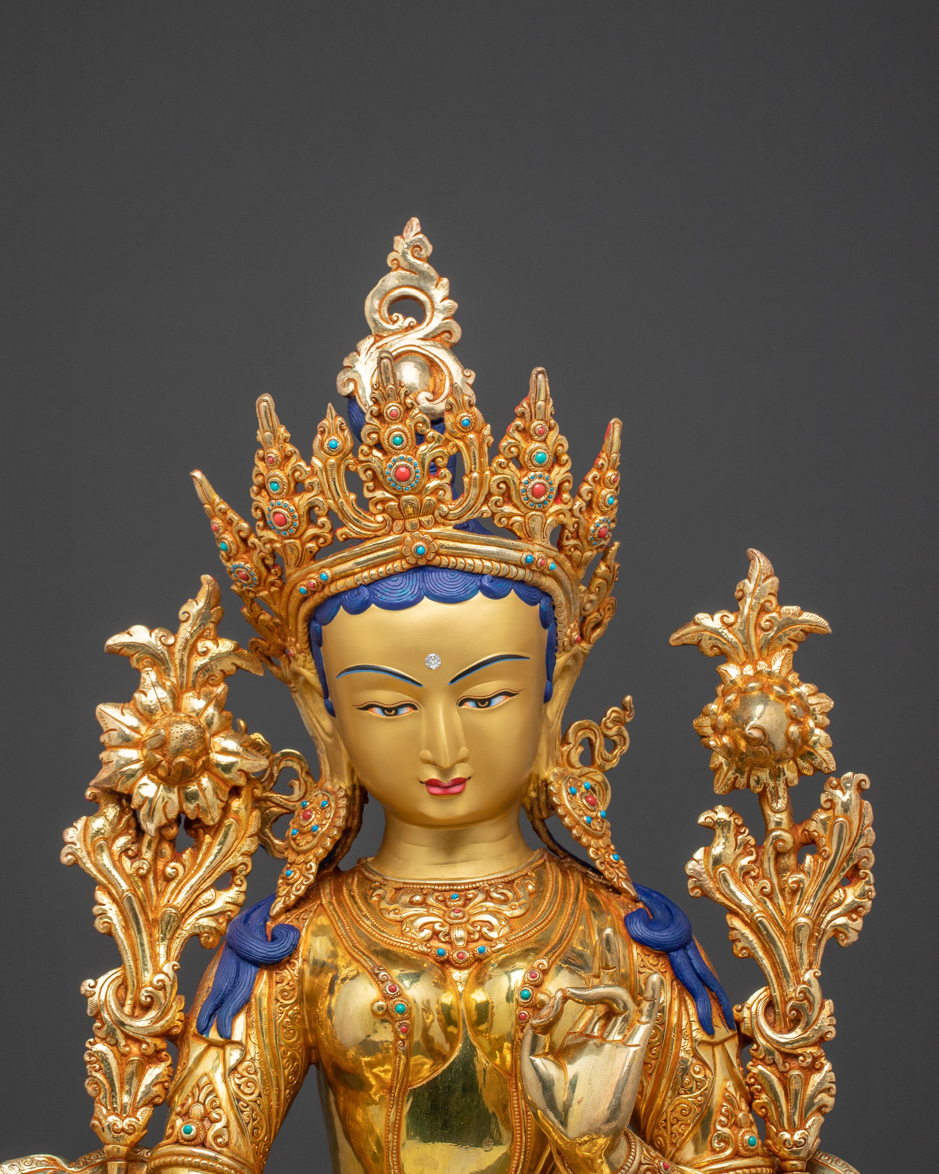 24K Gold Gilded Green Tara Spiritual Statue | Meditation Decor