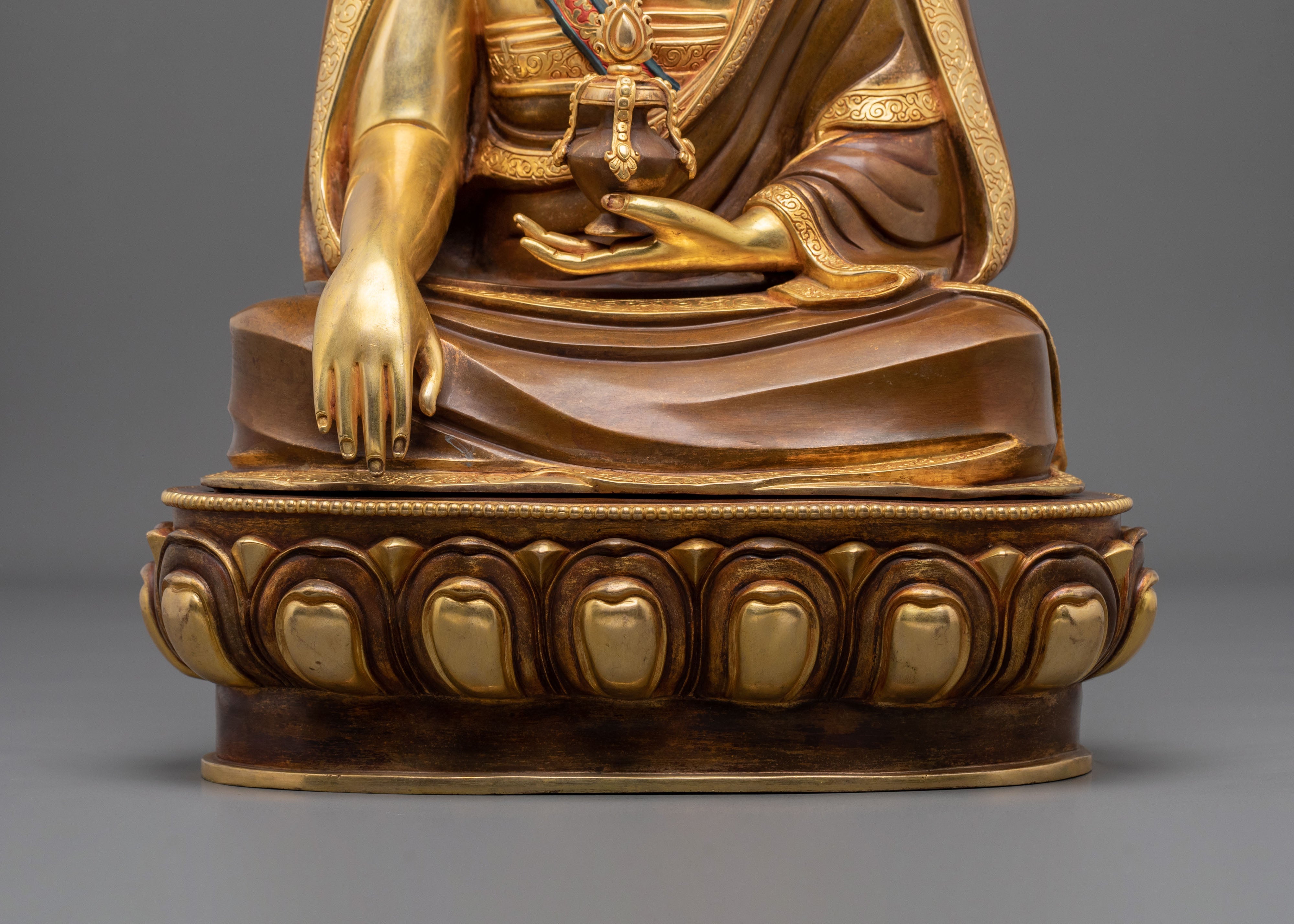 Buddhist Master Guru Shapdum Sculpture | 24K Gold Gilded Copper Statue