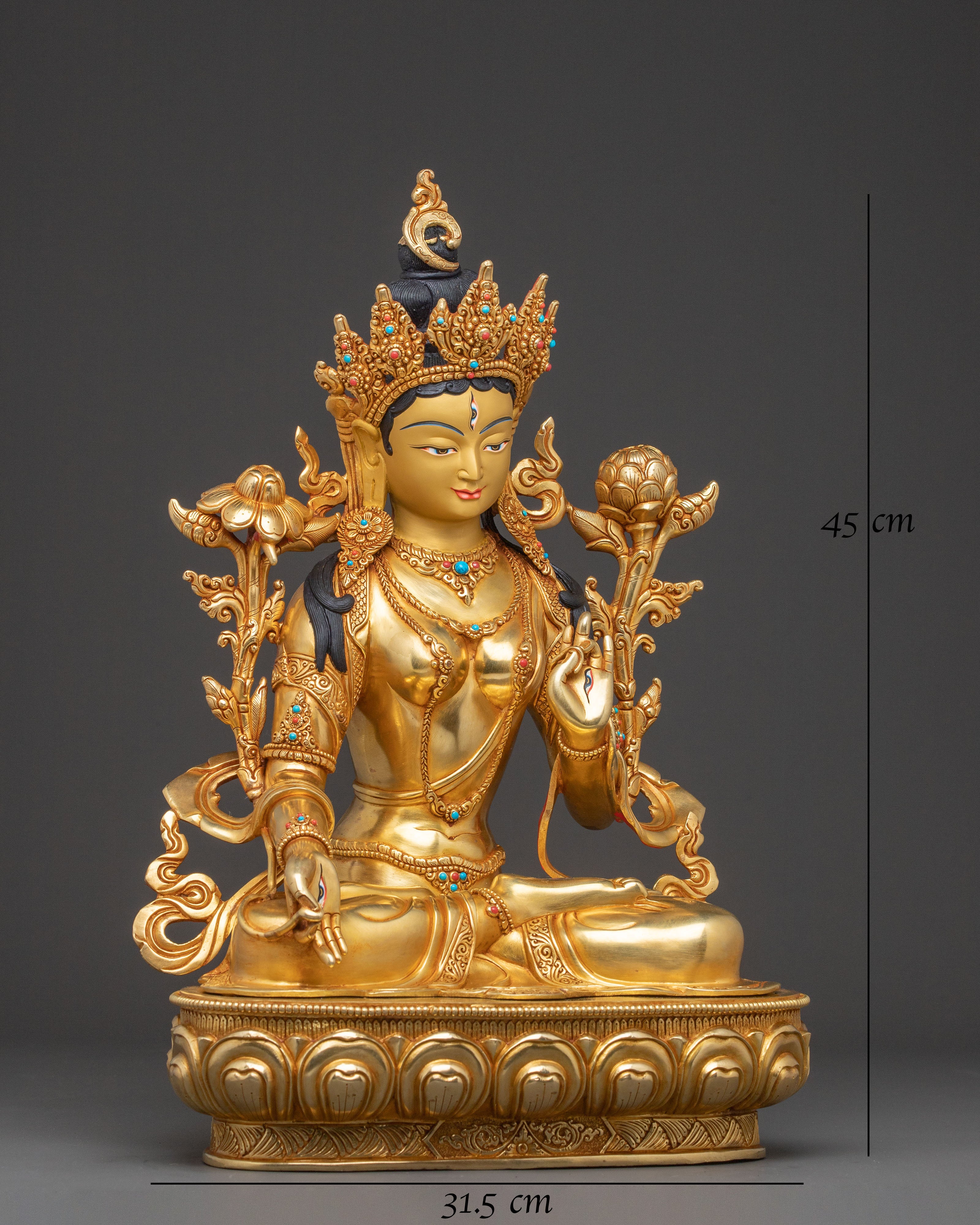 Nepalese White Tara Copper Statue | 24k Gold-Gilded Serenity